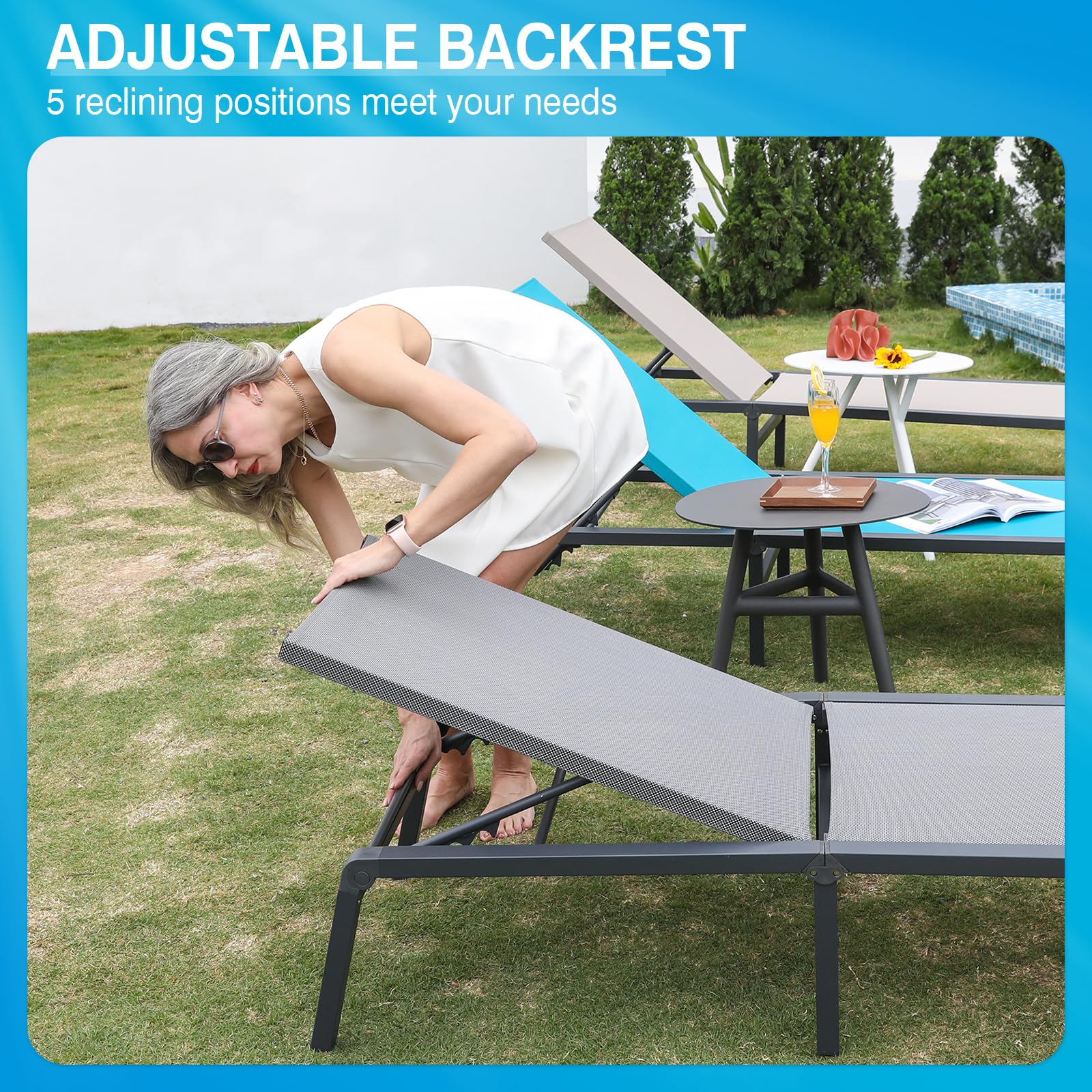 Premium Aluminum Foldable Chaise Lounge Chair - 2 Pack Adjustable Patio Poolside Beach Chair, No Assembly Required - Perfect for Outdoor Relaxation by Pool, Beach, Garden & Backyard