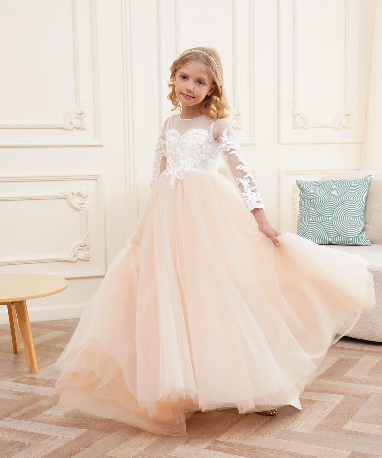 Ivory White Lace Long Sleeve Flower Girl Dress - Princess Pageant Gown for Weddings & Special Occasions (Style GZY202) | Perfect for Christenings, First Communions & Formal Events