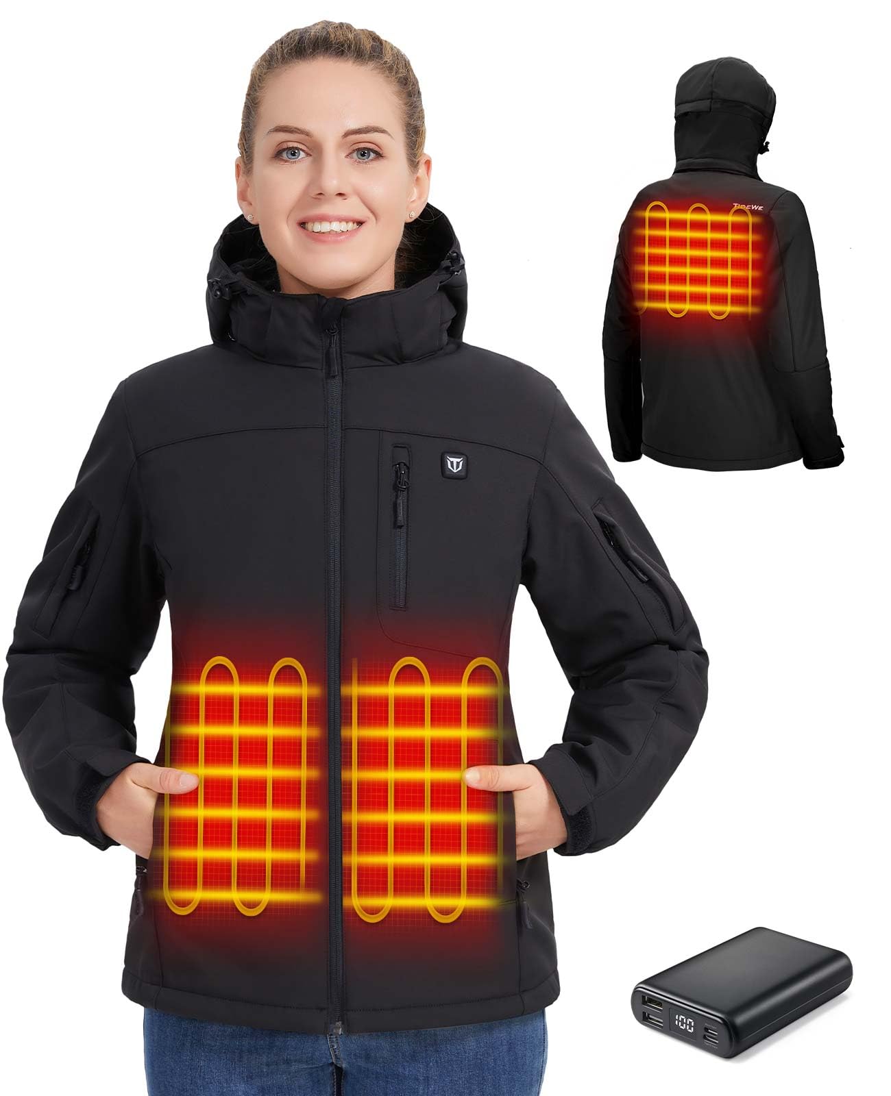 TIDEWE Women's Heated Jacket with Rechargeable Battery Pack - Winter Warm Fleece Lined Coat (Black/Pink/Camo, Sizes S-XXL) for Outdoor Activities, Camping & Cold Weather