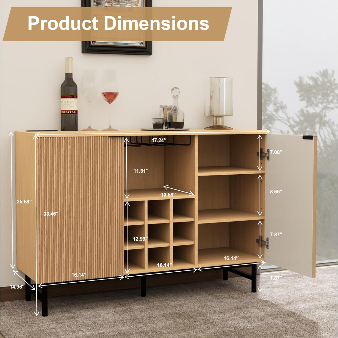 Modern Wine Bar Cabinet with Power Outlets & LED Lights - Fluted Liquor Storage Coffee Bar Cabinet for Home - Buffet Sideboard with Storage - Natural Oak Finish - Perfect for Entertaining, Dining Room Decor & Kitchen Organization