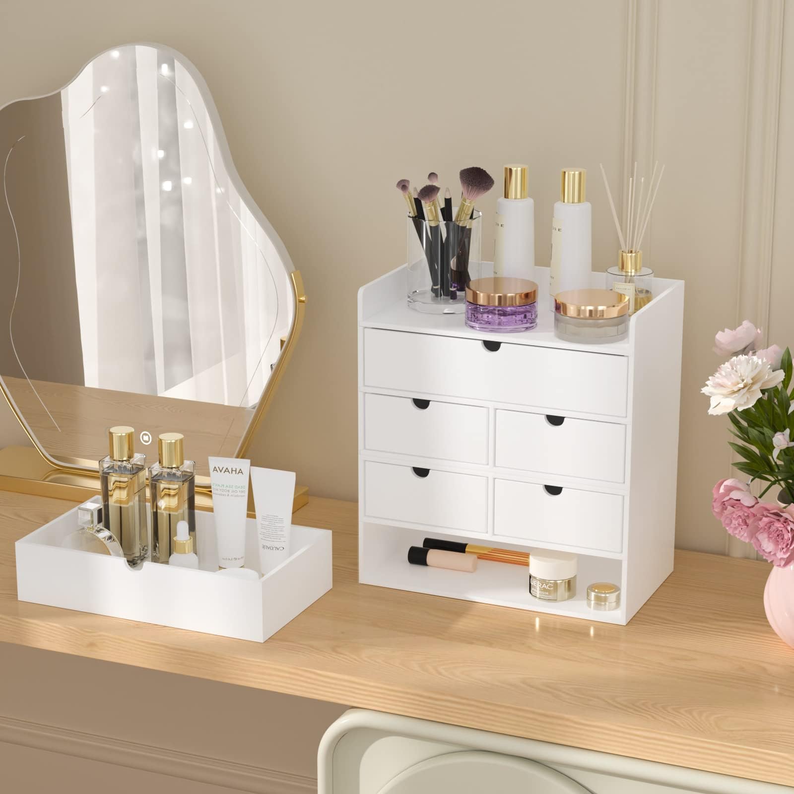 Wisuce Bamboo Desk Organizer with Shelf - Mini Tabletop Drawer for Office & Home Storage | Perfect for Organizing Cosmetics, Stationery & Small Items | White Bamboo Desktop Organizer for Workspace & Vanity