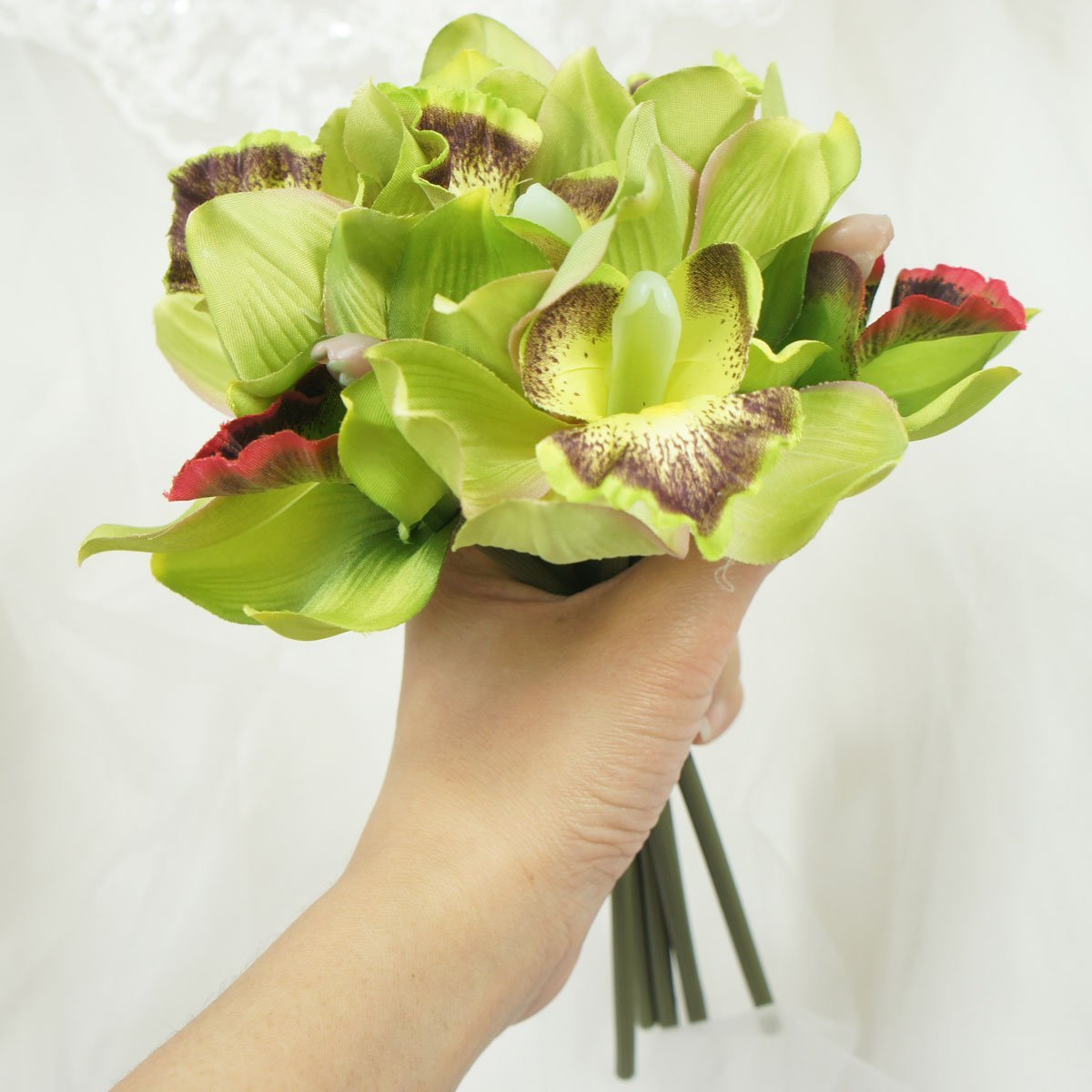 Mini 7 Stems Cymbidium Orchid Artificial Flowers - Green Silk Fake Orchids for Home Decor, Wedding Centerpieces & Office Arrangements