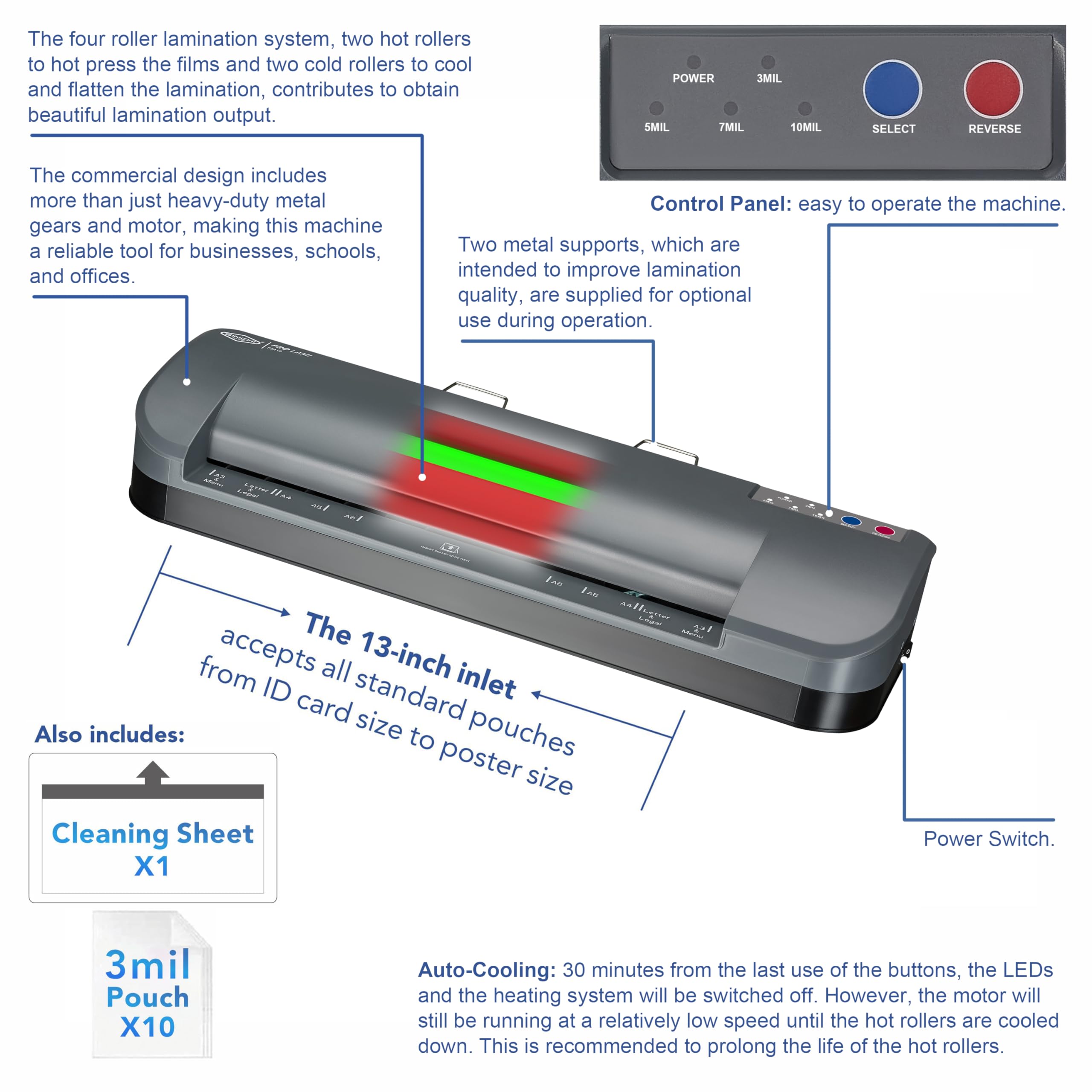 SINCHI 3-10 Mil 4-Roller Commercial Laminating Machine with Laminating Sheets - 55-Second Warm-Up, 40 Inches/Minute - 13-Inch Thermal Laminator for Office, School, Home & Business Use - Perfect for Documents, Posters, ID Cards & Craft Projects