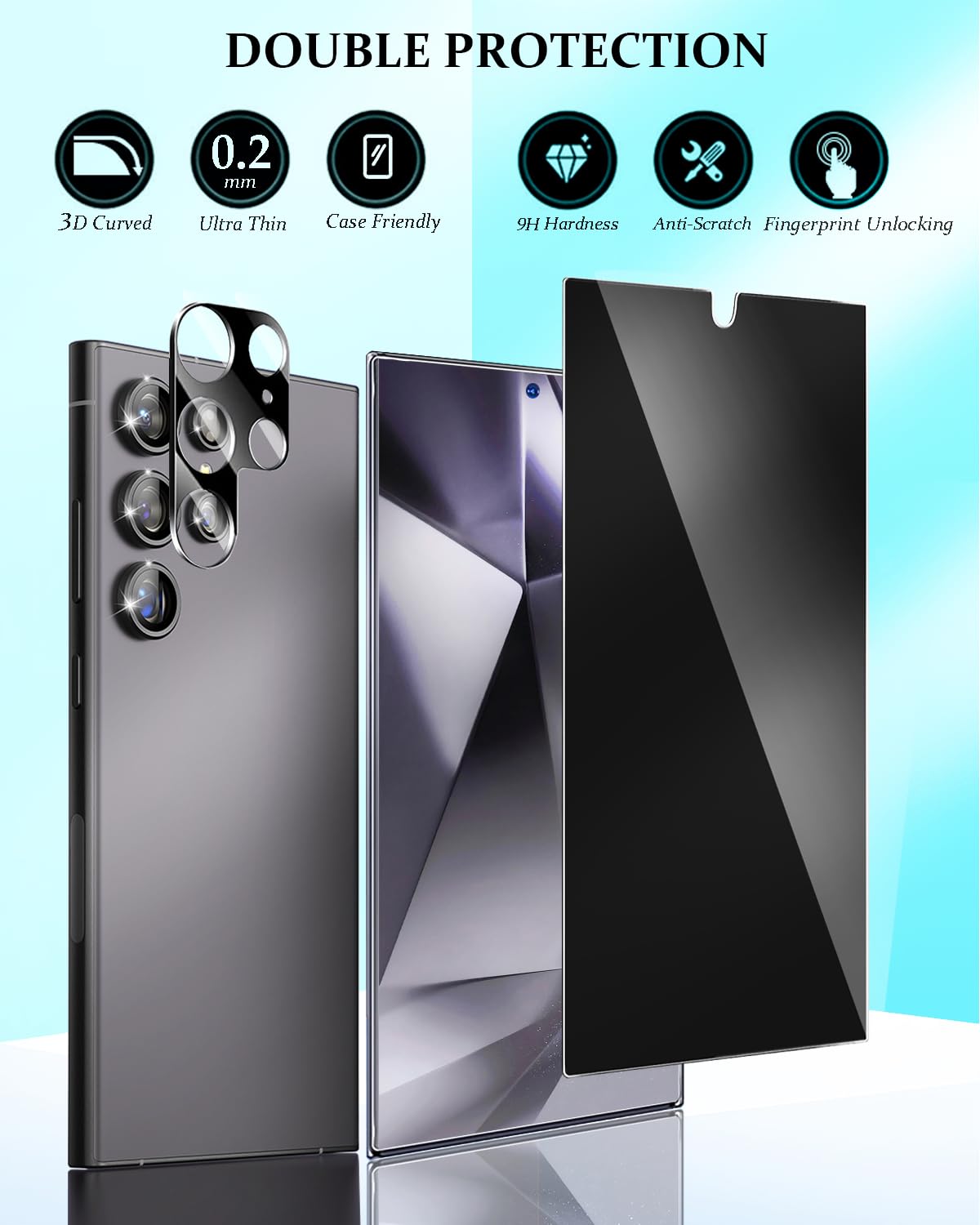 Samsung Galaxy S24 Ultra Privacy Screen Protector & Camera Lens Protector - 9H Tempered Glass, Anti-Spy, Fingerprint Unlock Compatible - 2+2 Pack (Black) - Perfect for Privacy Protection at Work, School, and Public Places