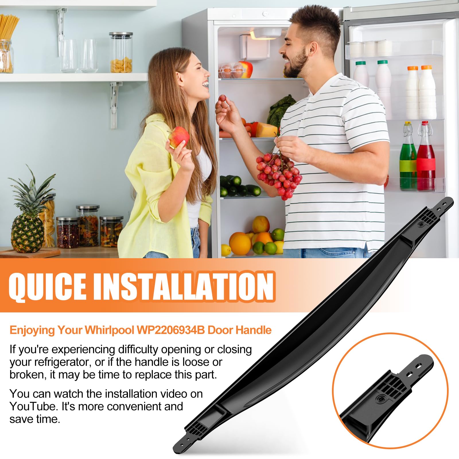 Upgraded WP2206934B Refrigerator Door Handle Replacement - Compatible with Whirlpool & Kenmore Refrigerators - Reinforced Black Fridge Handle (2206934B) - Perfect for Kitchen Appliance Repair and DIY Home Improvement