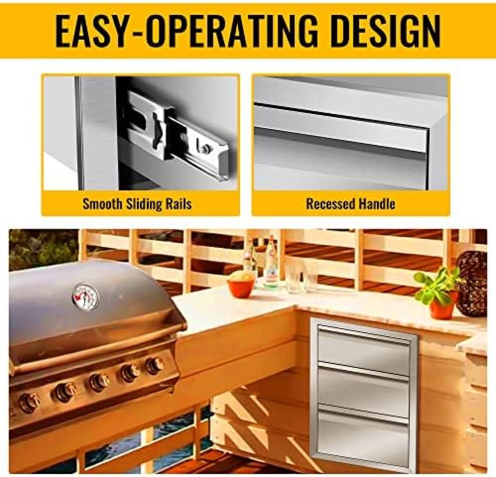 Stainless Steel Outdoor Kitchen Drawers - Triple Access Combo Flush Mount Island Drawers (16W x 21H x 23D Inch) - Perfect for BBQ Islands, Patio Cabinets & Outdoor Cooking Stations