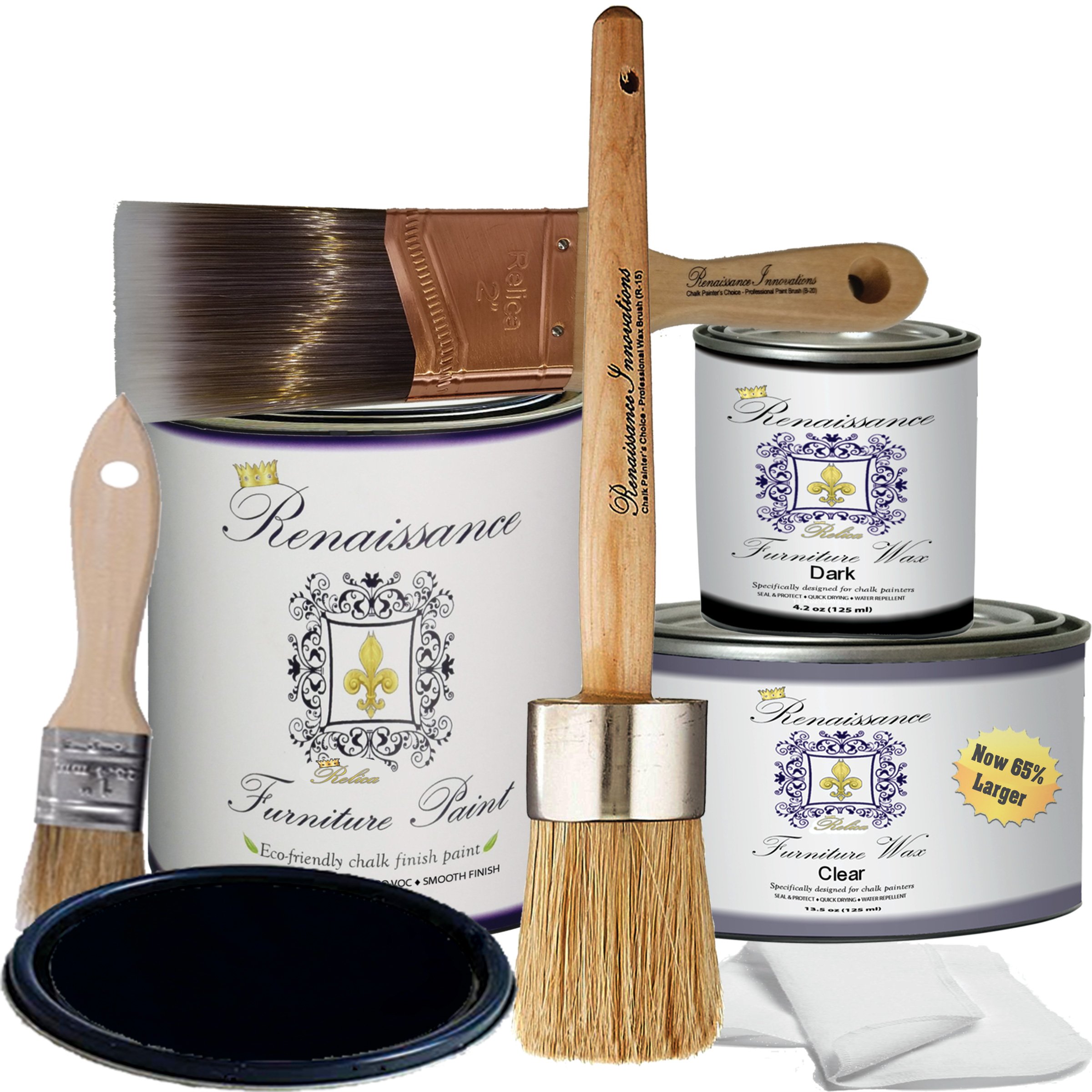 Retique It Chalk Furniture Paint by Renaissance Deluxe Starter Kit - 8 Piece Set with Midnight Black Paint & Wax for DIY Furniture Makeover - Perfect for Home Decor, Vintage Restoration, and Upcycling Projects