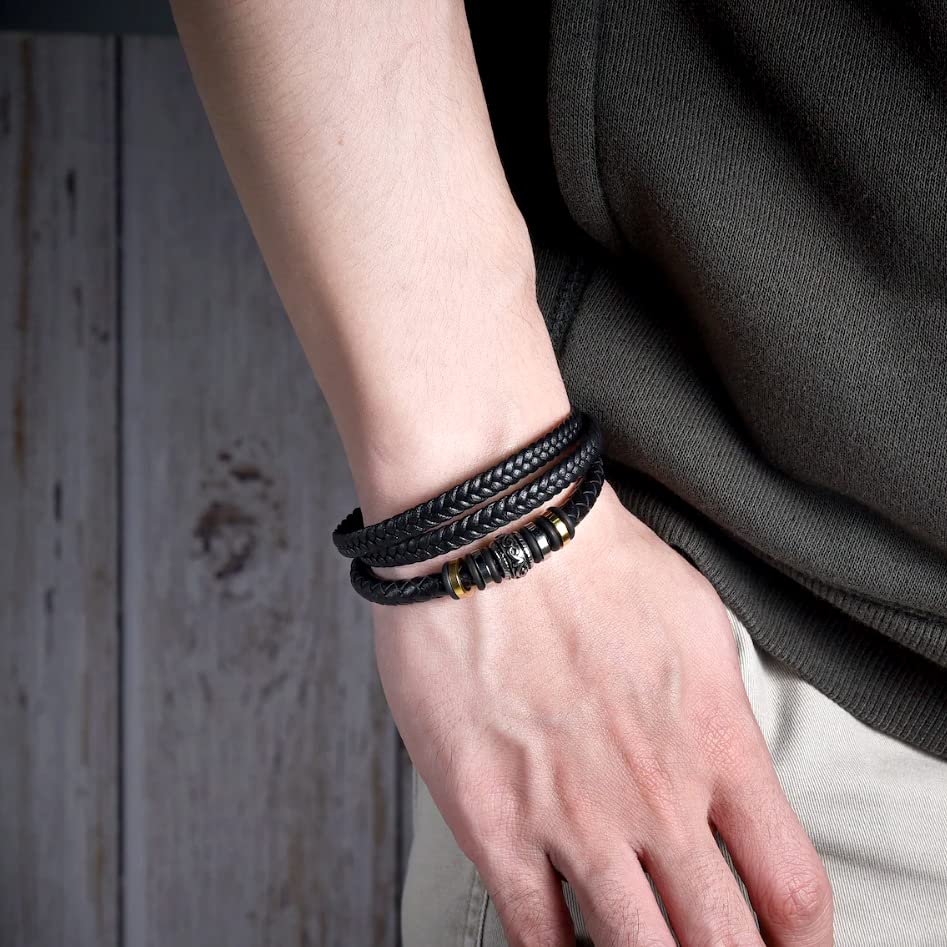 Braided Leather Bracelets for Men - Stainless Steel Magnetic Clasp Bangle Wristband | Durable & Adjustable | Perfect Gift for Christmas, Graduation, Birthday, Back to School | Ideal for Son, Grandson, Boyfriend | Great for Casual Wear, Office & Special Occasions