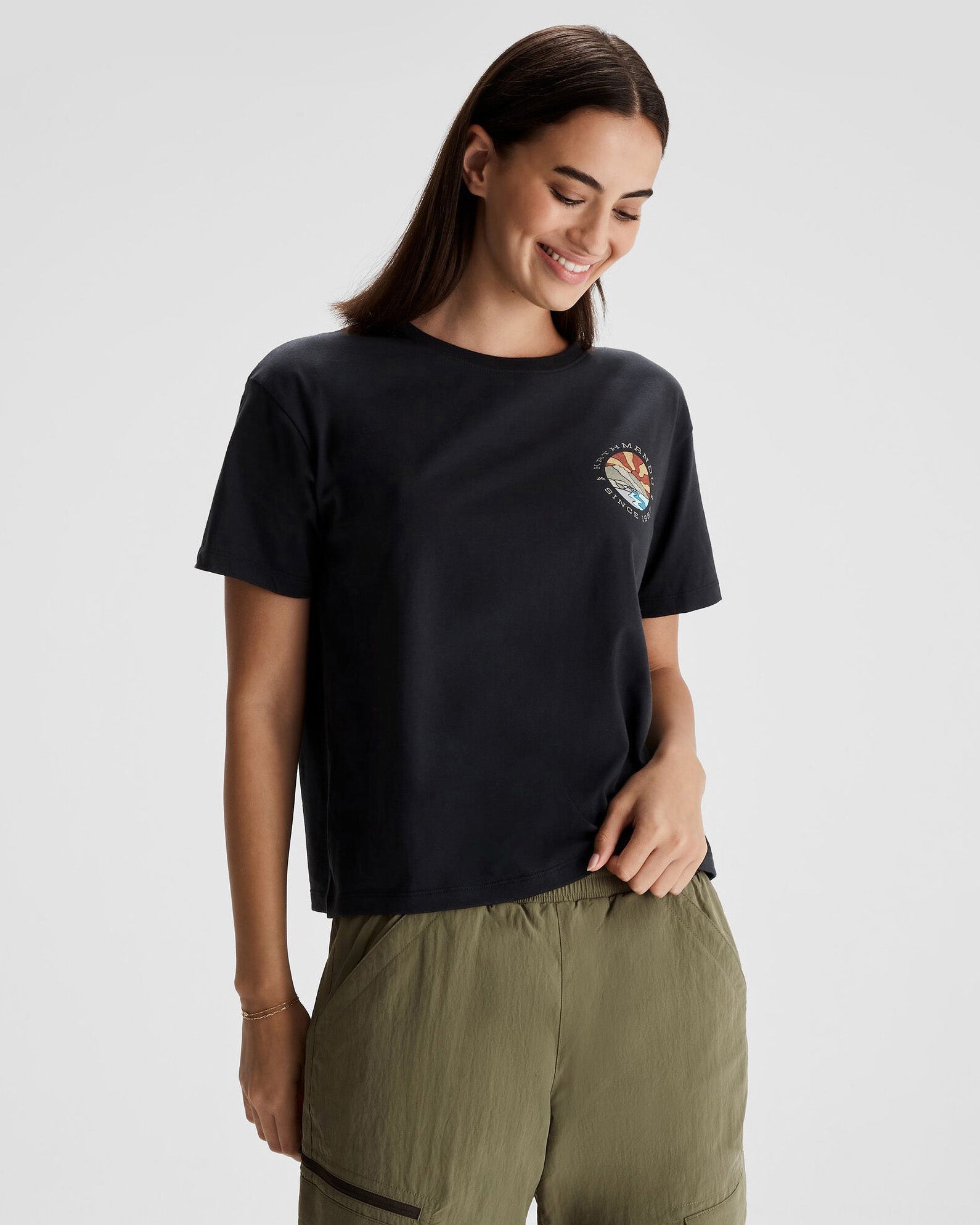 Women's Kathmandu Logo Sunburst Organic Cotton T-Shirt - Black | Eco-Friendly Casual Tee for Outdoor Activities & Everyday Wear
