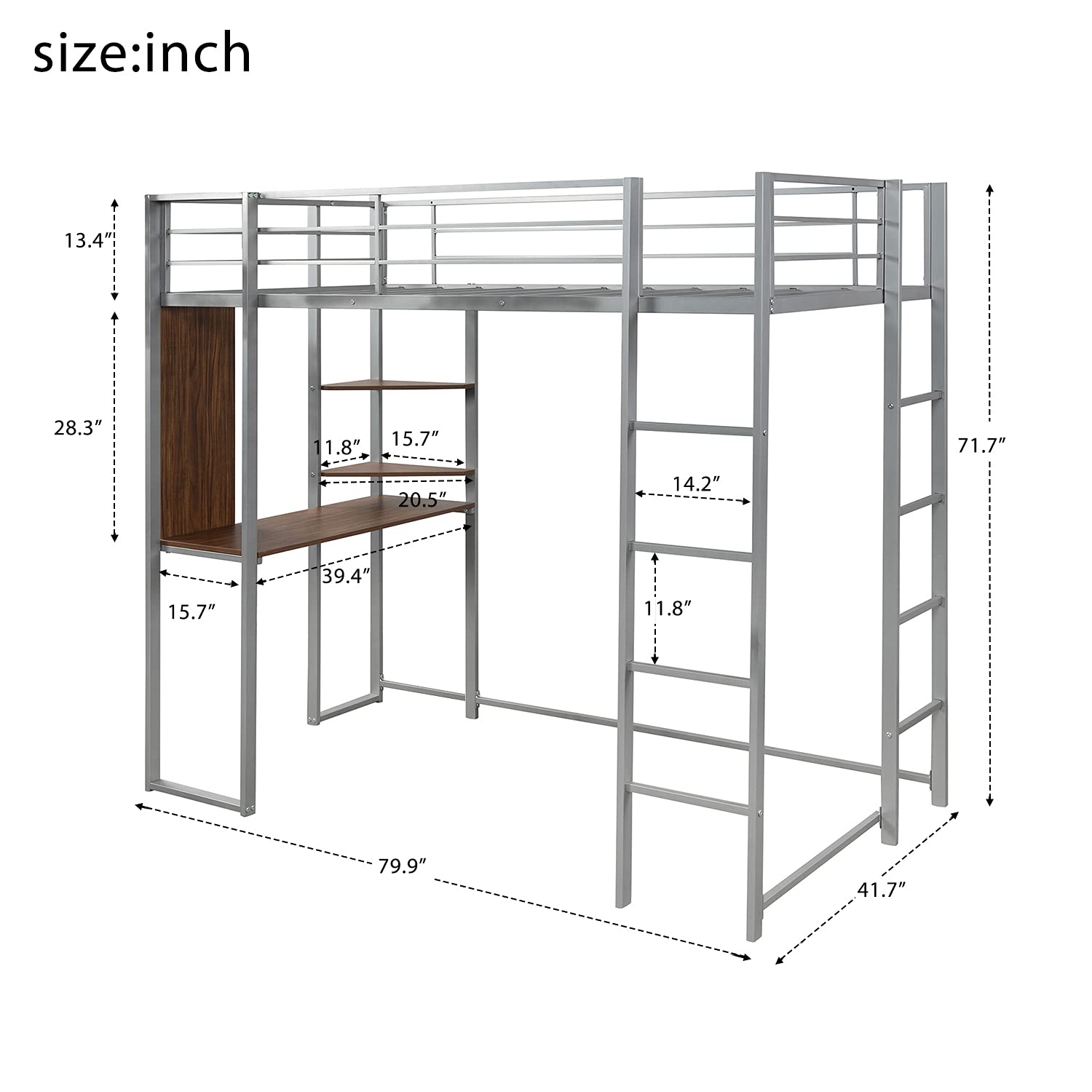RUNNA Twin Metal Loft Bed for Kids & Teens with Built-in Desk & 2 Shelves - Space-Saving Silver Loft Bed for Small Rooms - Perfect for Dorms, Bedrooms & Studio Apartments