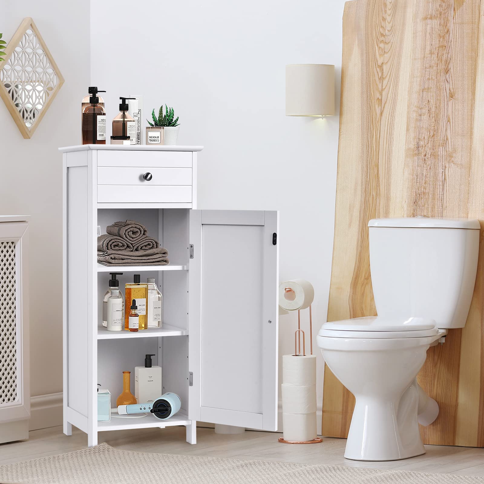 GOFLAME Freestanding Bathroom Storage Cabinet - White Wooden Organizer with Large Drawer & 7-Position Adjustable Floating Shelves | Perfect for Bathroom, Living Room & Bedroom Storage Solutions