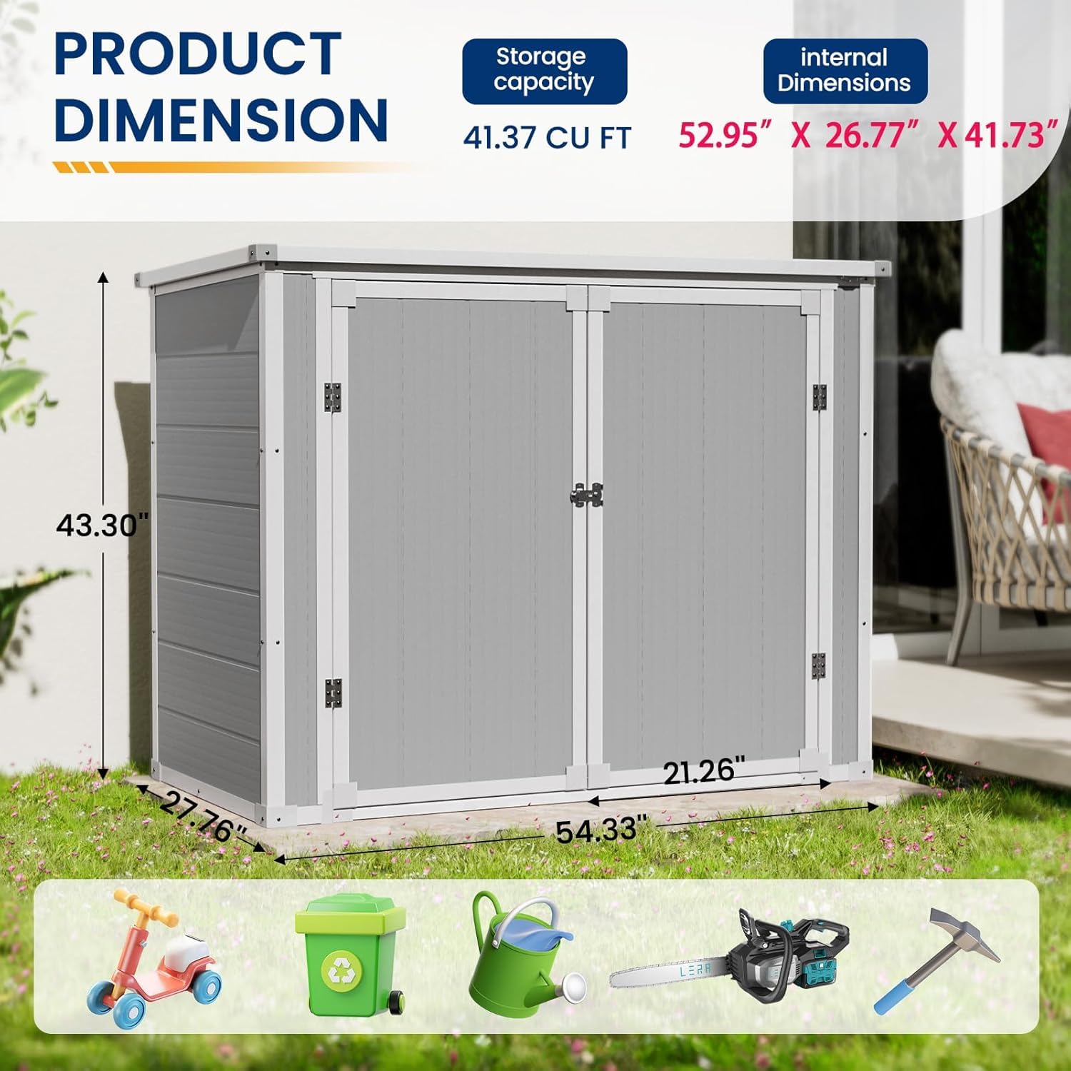 Amopatio 41 Cu Ft Horizontal Outdoor Storage Shed - Durable Resin Trash Can & Garden Tool Organizer - Weatherproof Grey Shed for Lawn Mowers, Patio Furniture & Backyard Storage | Perfect for Garage Organization, Yard Maintenance & Seasonal Item Protection