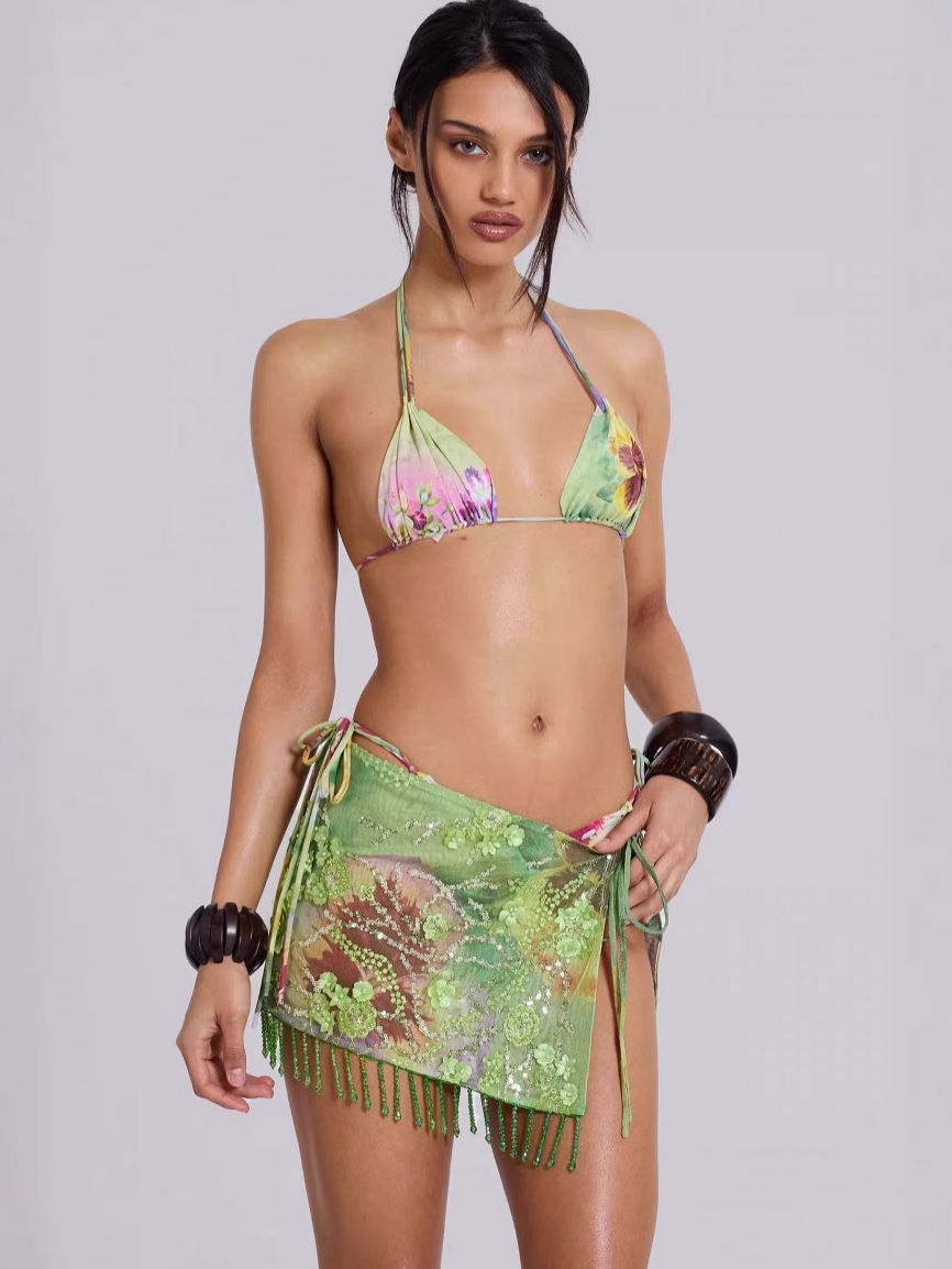 ZASUWA Women's Sexy Floral Sequin Tassel Mesh 3-Piece Lace Up Bikini Set - Perfect for Beach Vacations, Pool Parties & Summer Getaways