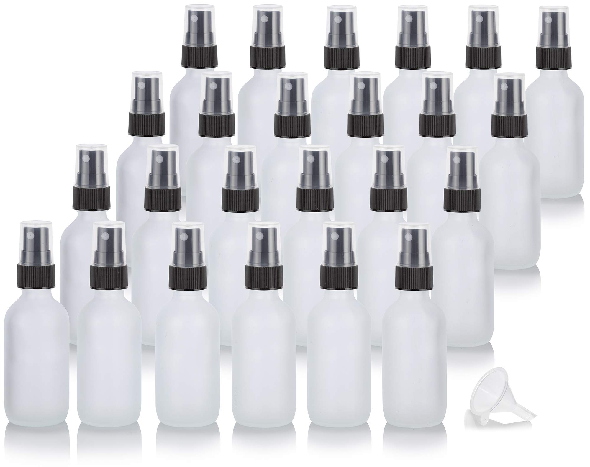 JUVITUS 2 oz Frosted Clear Glass Boston Round Bottles with Black Mist Sprayer (24 Pack) + Free Funnel - Perfect for Essential Oils, DIY Beauty Products & Home Cleaning Solutions