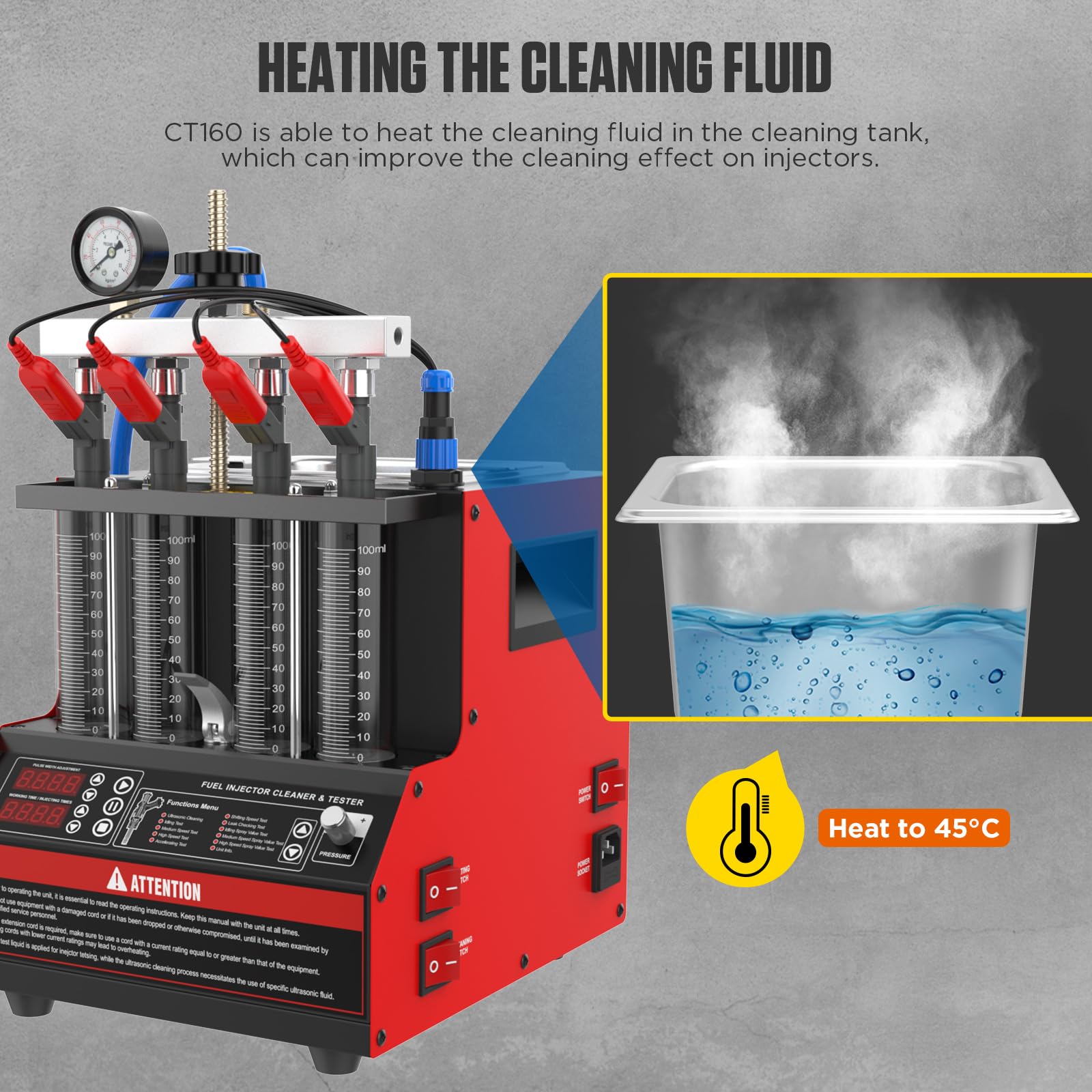 CT160 Heated Fuel Injector Cleaner & Tester - 4-Cylinder Diesel Injector Cleaning Machine with Drain Valve & 11 Functions (110V) - Perfect for Auto Repair Shops & DIY Car Maintenance