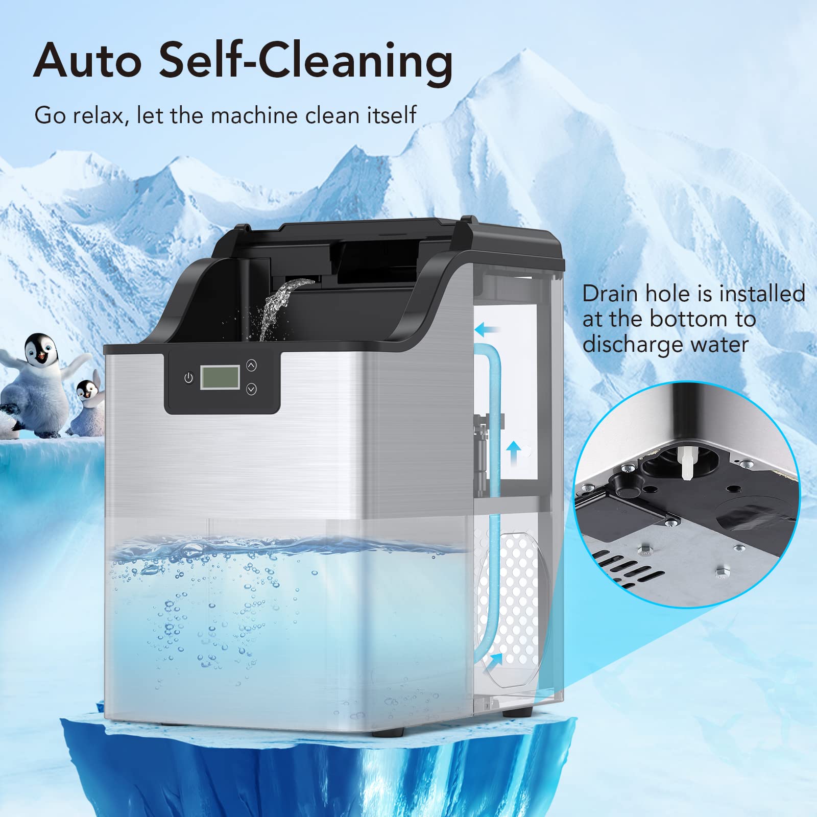Acekool Countertop Nugget Ice Maker Machine - 30lbs/Day, 3Qt Water Reservoir, Self-Cleaning, Stainless Steel - Perfect for Home, Office, Bar, Parties & Outdoor Gatherings - Silver
