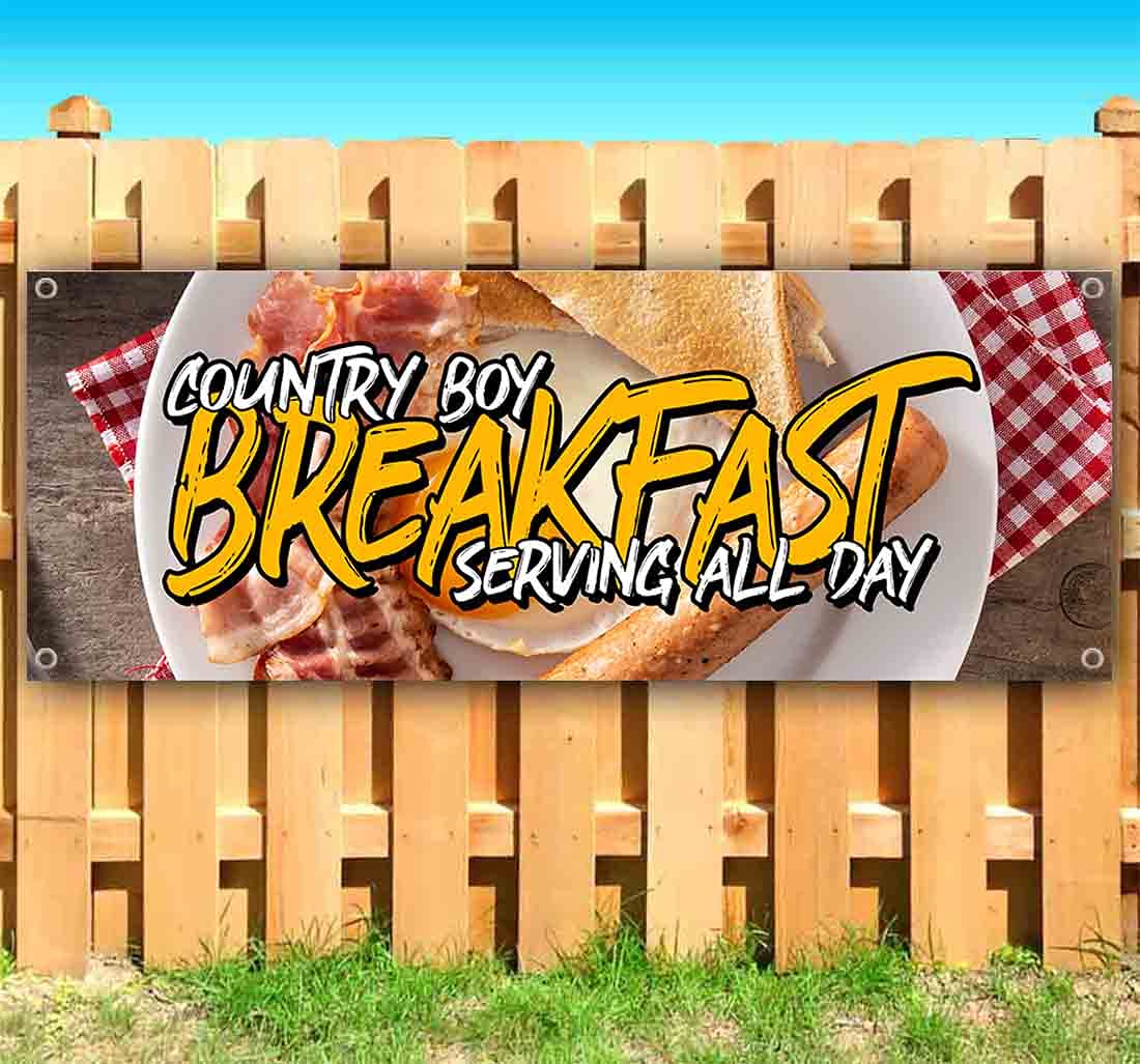 Heavy-Duty 13 oz Vinyl Breakfast Banner - Country Boy All Day Design | Single-Sided with Metal Grommets | Perfect for Diners, Cafes & Country-Themed Decor