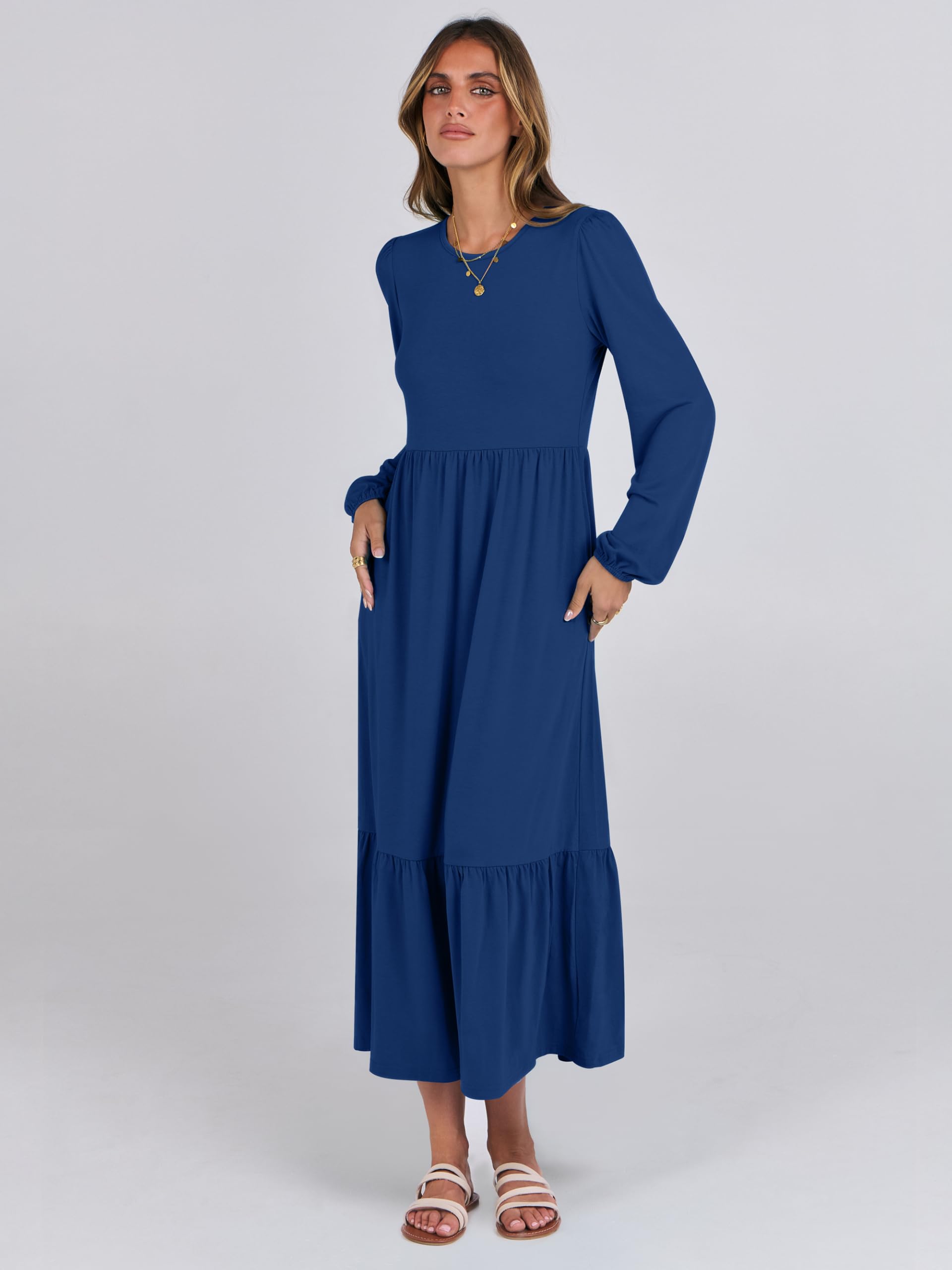ANRABESS Women's Casual Long Sleeve Midi Dress - Crewneck A-Line Tiered Flowy Loose Dress with Pockets | Trendy Spring 2025 Fashion | Perfect for Brunch, Office Wear & Date Night Outfits