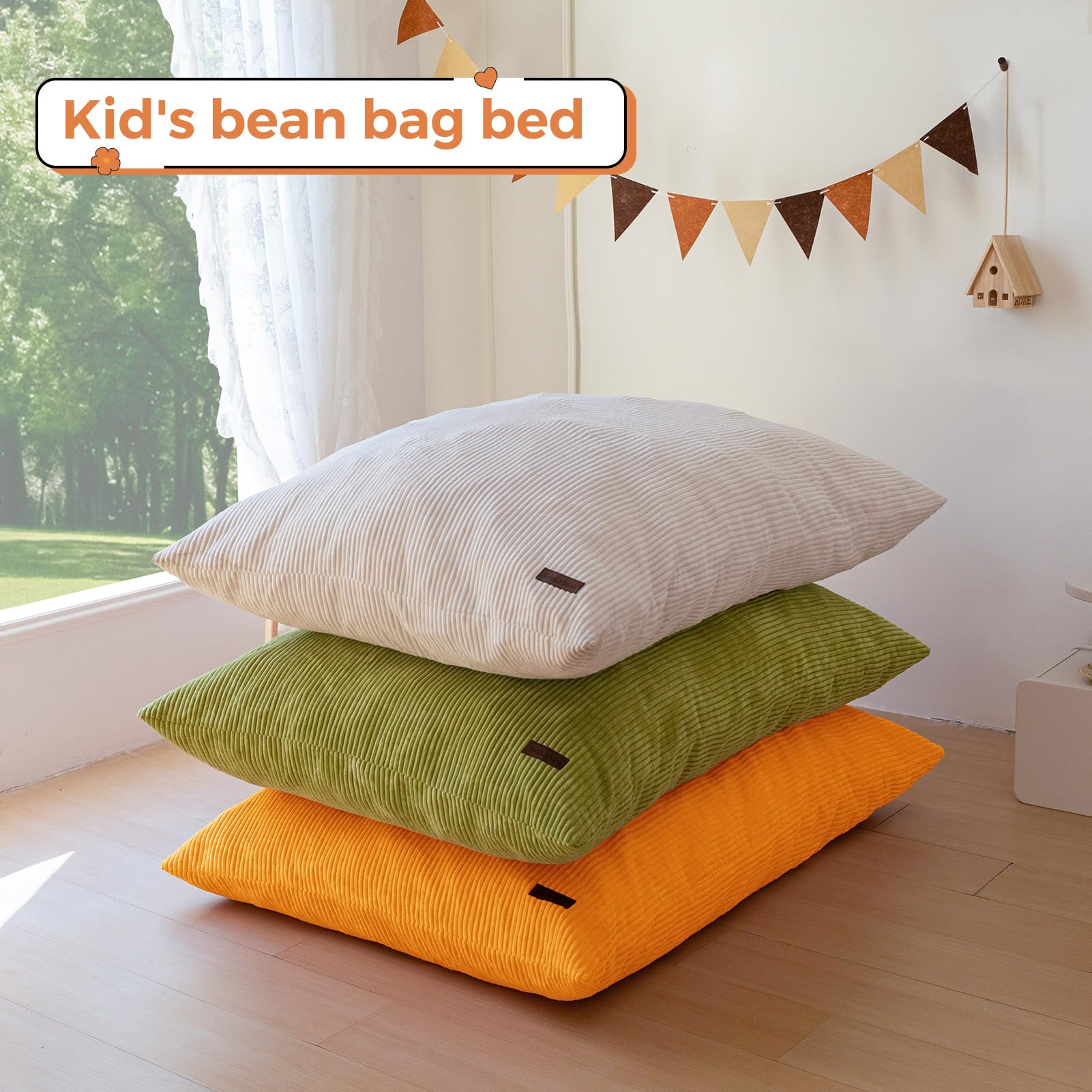MAXYOYO 3-in-1 Convertible Kids Bean Bag Chair & Bed - Multi-Functional Floor Sofa for Children's Room, Gaming & Reading - Soft & Comfortable Orange Lounge Furniture for Playroom, Dorm or Nursery