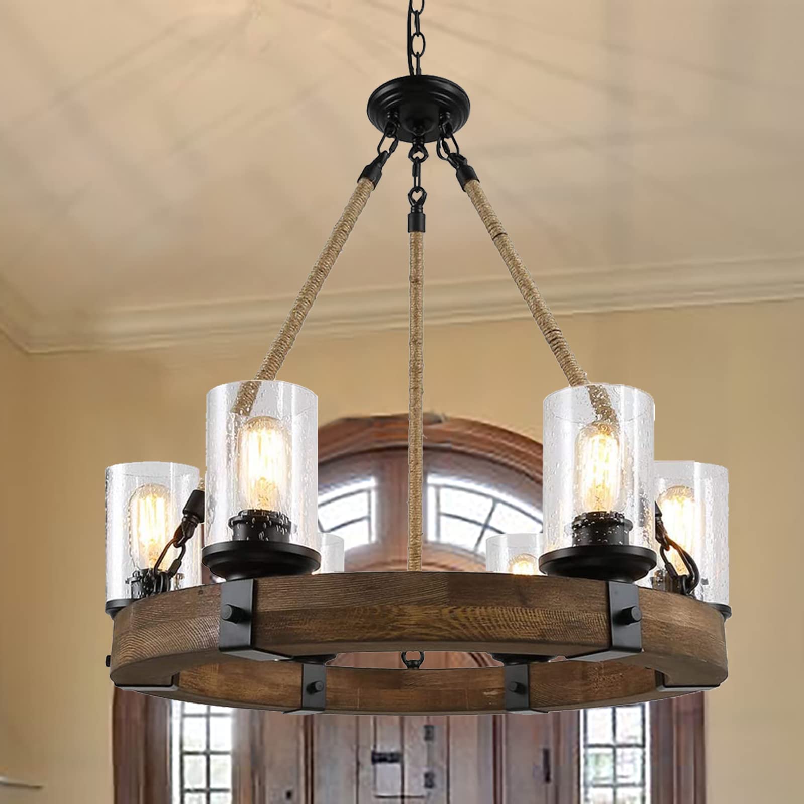 Rustic 6-Light Wagon Wheel Chandelier - Round Wood Ceiling Pendant Light with Seeded Glass Shade - Farmhouse Lighting for Dining Room, Kitchen Island, Foyer & Entryway - Perfect for Country Home Decor & Rustic Interior Design