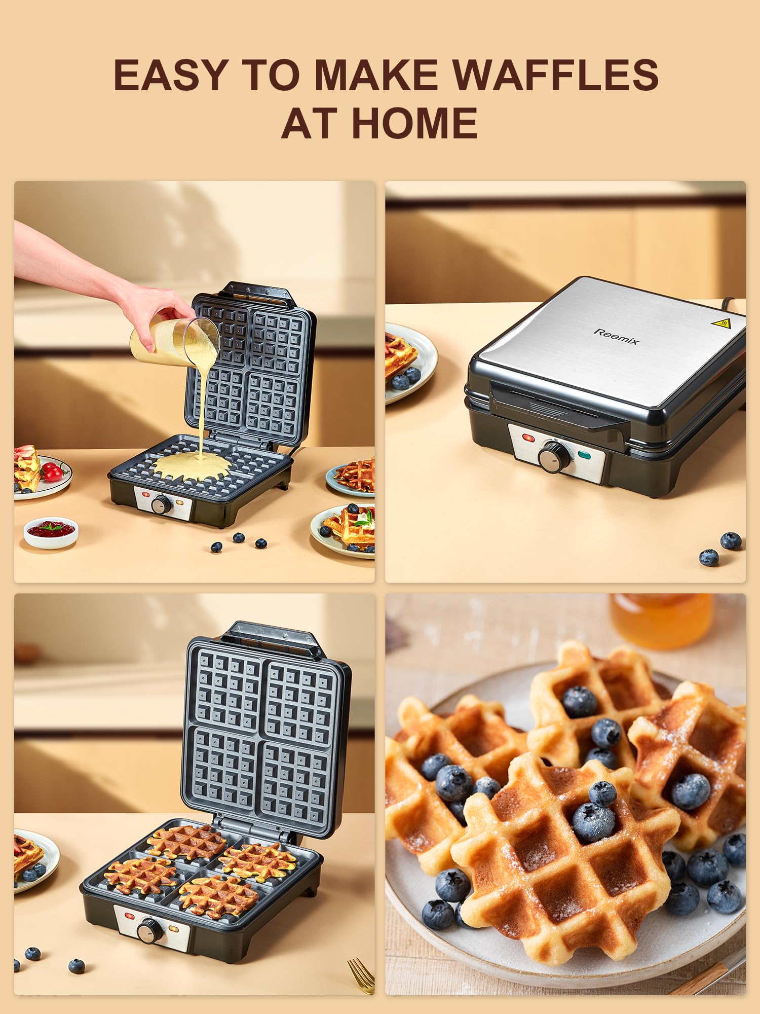 Premium Belgian Waffle Maker 4-Slice 1200W - Adjustable Browning Control, Non-Stick Plates, Anti-Overflow Design with Indicator Lights (Silver/Black) - Perfect for Breakfast, Brunch, and Family Gatherings