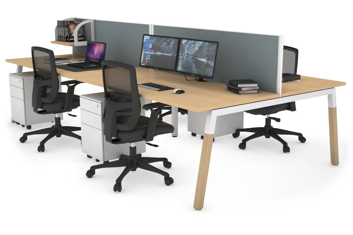 Quadro A Legs 4-Person Office Workstation with Wood Legs & Cross Beam - 1800L x 800W Dimensions with Cable Management Scallop - Perfect for Collaborative Workspaces & Modern Office Desks