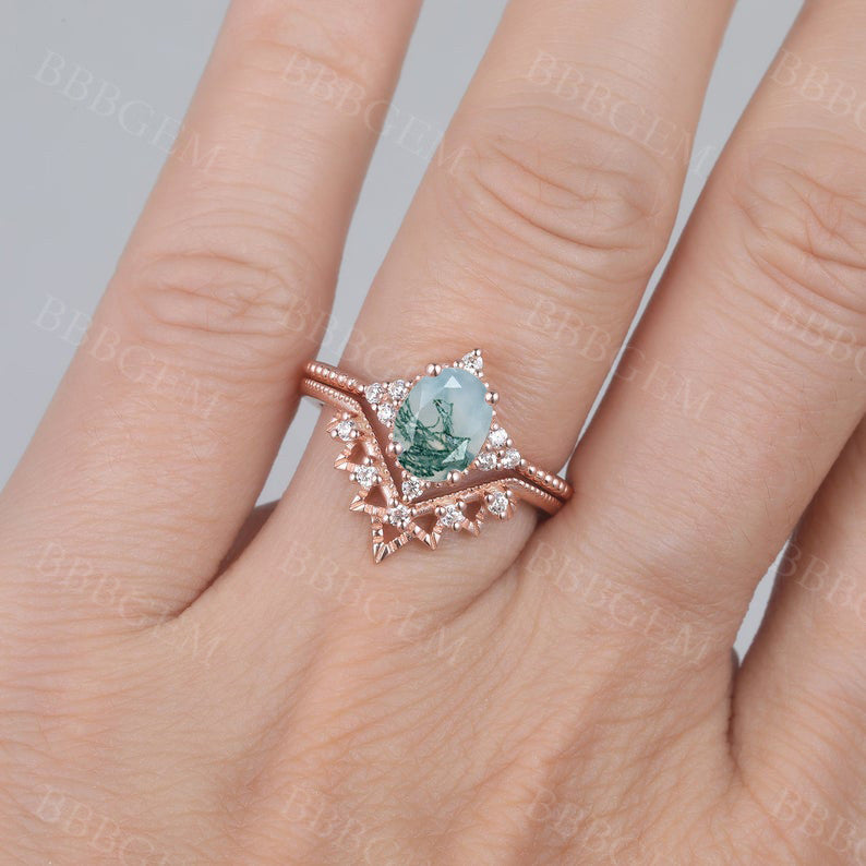 1.5CT Oval Cut Moss Agate Engagement Ring with Rose Gold & Diamond Accents - Perfect for Proposals, Anniversaries & Bridal Jewelry Sets