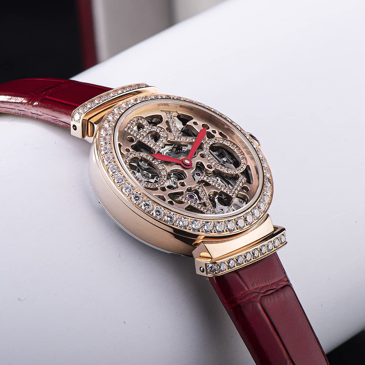 Luxury Women's Rose Gold Automatic Watch with Skeleton Dial - Genuine Leather Strap - Elegant Dress Watch for Business, Party & Special Occasions
