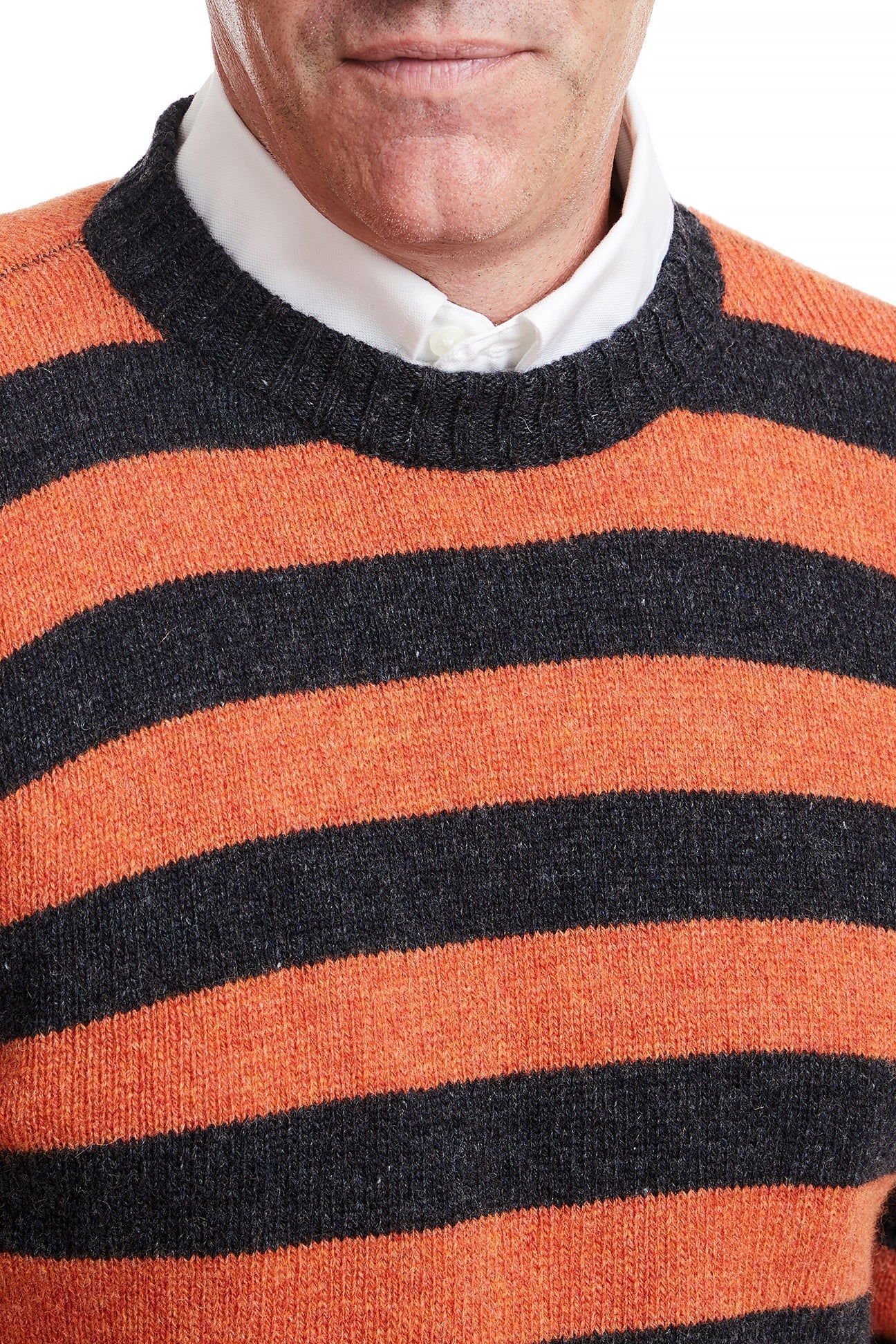 Shetland Wool Crewneck Sweater - Grey & Burnt Orange Striped Knitwear for Men & Women | Cozy Winter Pullover for Casual Outfits & Holiday Gatherings