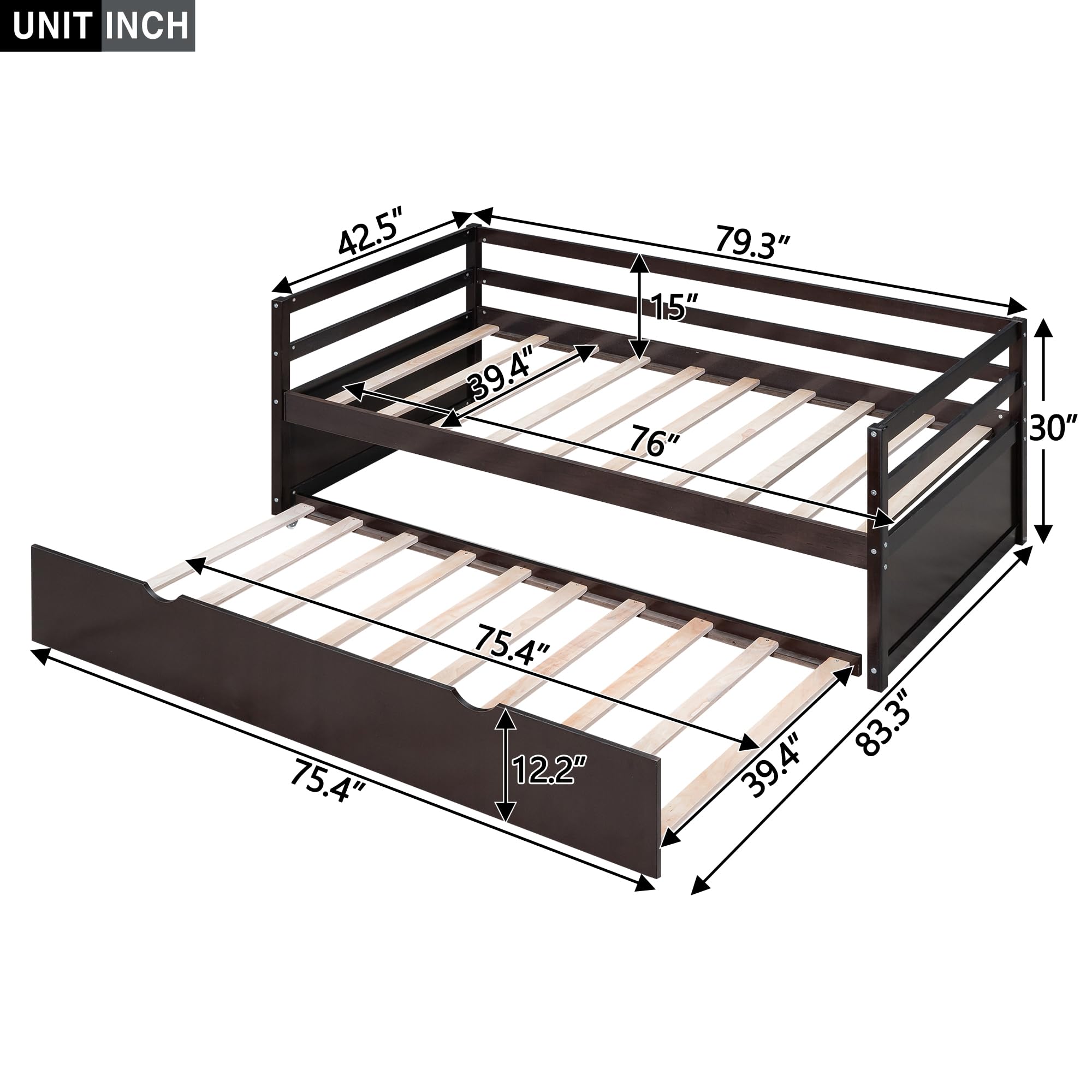 Merax Twin Size Solid Wood Daybed with Trundle - Espresso Captains Bed & Sofa Bed Frame for Guest Room, Dorm, or Small Space Living