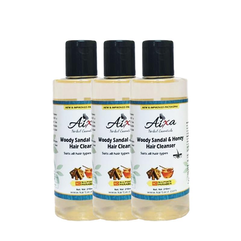 Aixa Woody Sandal & Honey Herbal Shampoo - SLS & Paraben Free, Moisturizing & Nourishing Hair Cleanser for Dandruff Relief, Dry Scalp & Damaged Hair | Set of 3 | Natural Hair Care for Daily Use & Spa Treatments