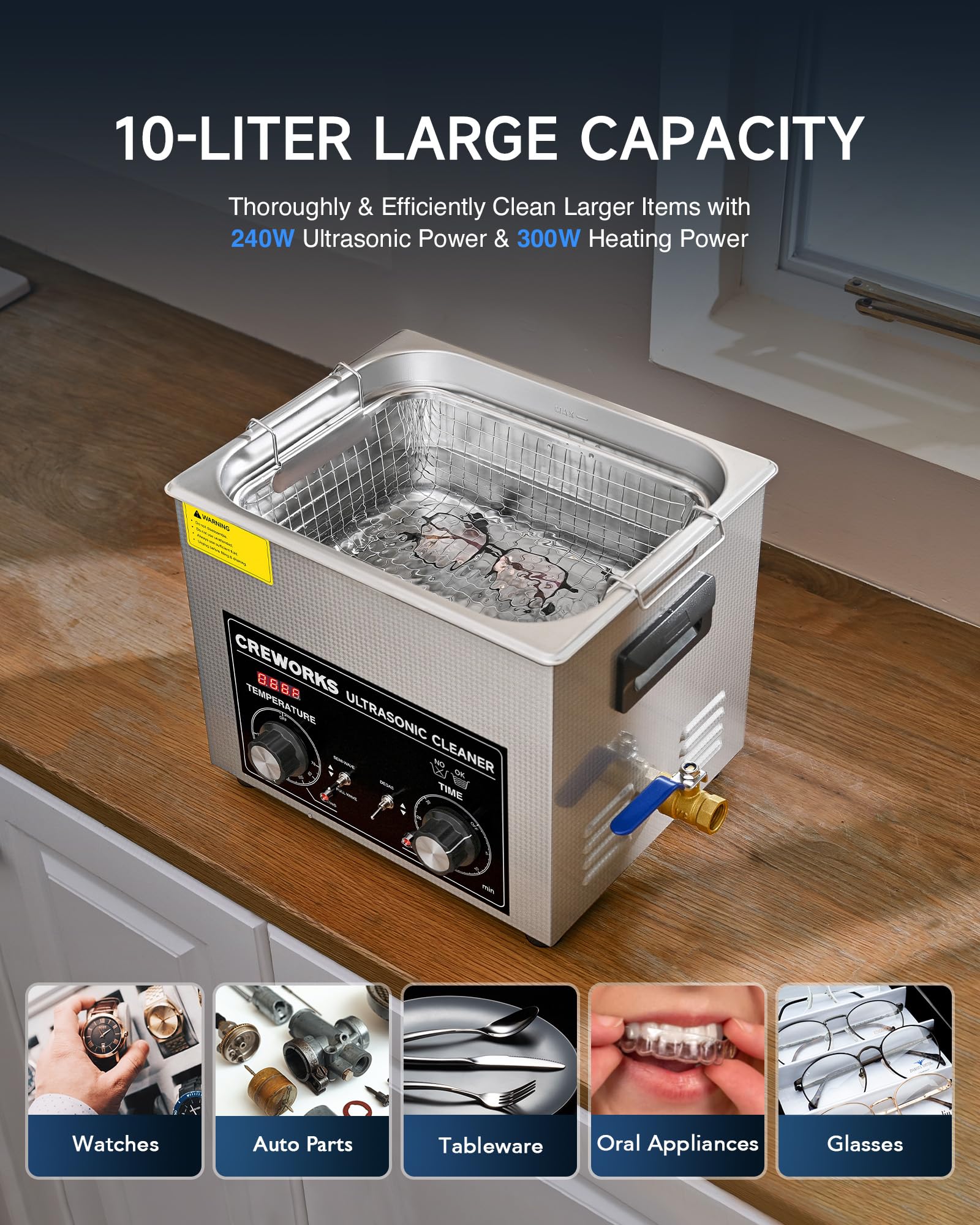CREWORKS 10L Ultrasonic Cleaner with Heater & Timer - 240W Stainless Steel Cleaning Machine for Jewelry, Glasses, Tools - Degas & Gentle Modes, Knob Control - Perfect for Auto Parts, Watches, Dental Instruments & Industrial Equipment