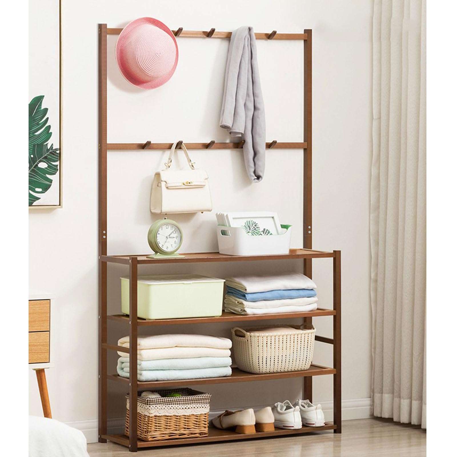 Freestanding Bamboo Coat Rack with Storage Shelves - Space Saving Clothes Organizer for Bedroom, Living Room, Hallway & Entryway - Easy to Assemble (78x25x146cm) - Perfect for Small Spaces, Apartment Dorm Organization & Seasonal Clothing Storage