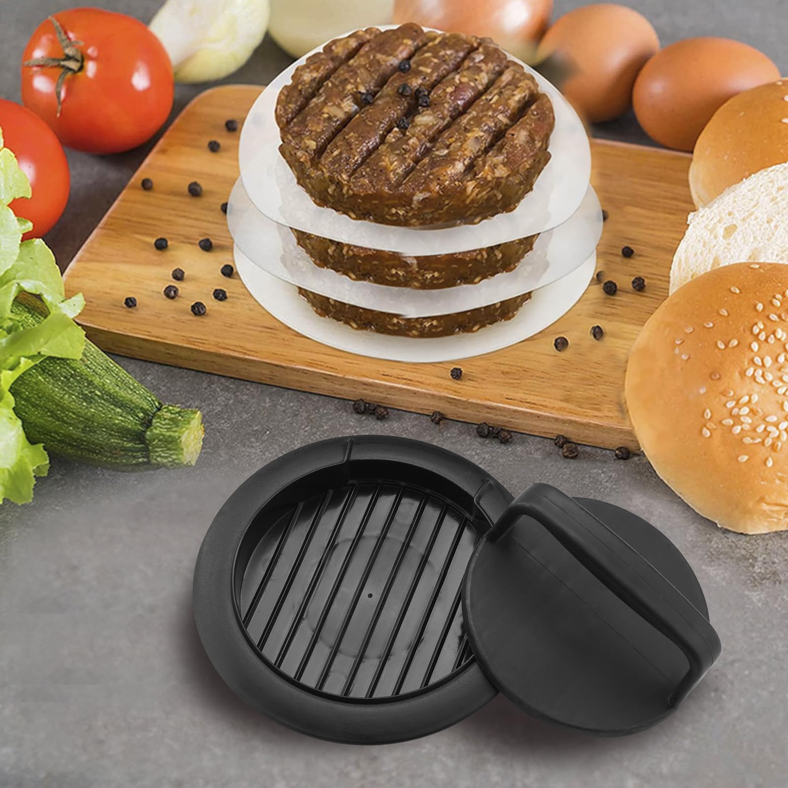 Non-Stick Hamburger Patty Press Maker - Round Stuffed Burger Press Mold for Grilling, BBQ & Homemade Beef, Sausage & Veggie Burgers - Perfect Kitchen Gadget for Backyard Cookouts & Camping (1 Pack, Black)