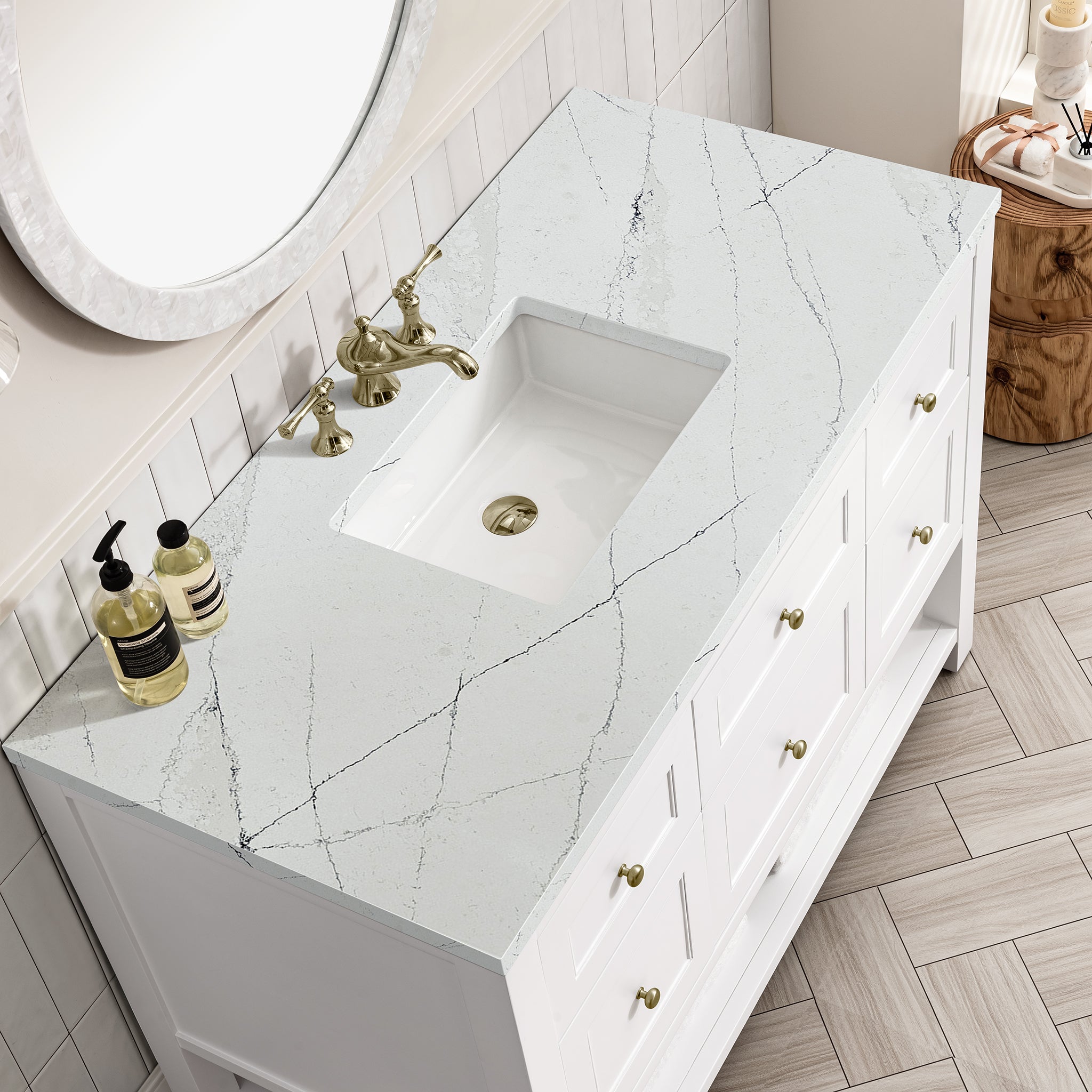Breckenridge 48 Inch Single Bathroom Vanity with Bright White Finish & 3CM Ethereal Noctis Quartz Top - Perfect for Modern Master Bathrooms & Guest Powder Rooms