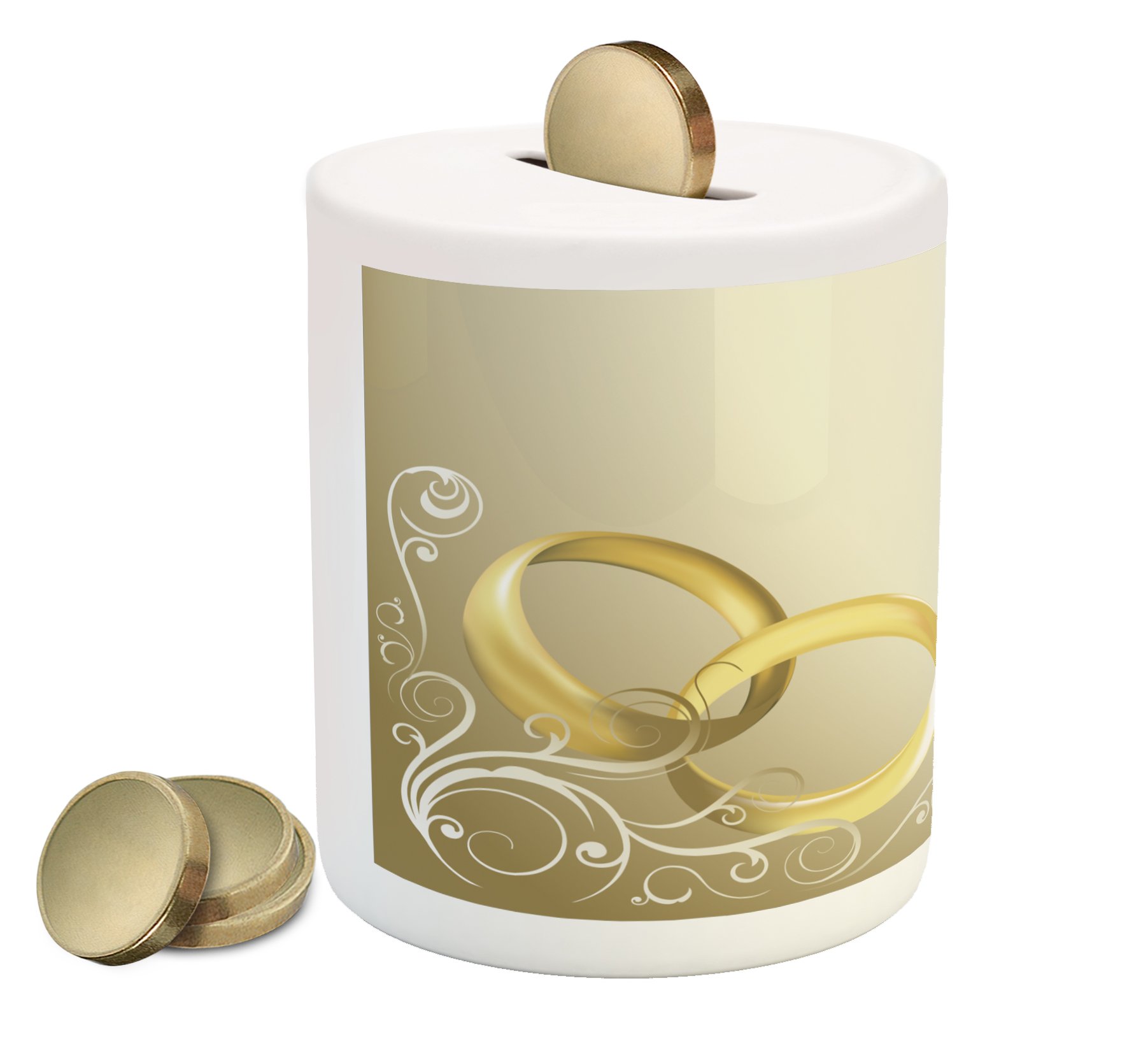 Ambesonne Wedding Piggy Bank - Romantic Ceramic Coin Bank with Floral Design & 2 Entangled Rings, Perfect for Cash Saving & Gift Giving (Yellow Sepia Coconut) | Ideal for Weddings, Anniversaries & Romantic Celebrations