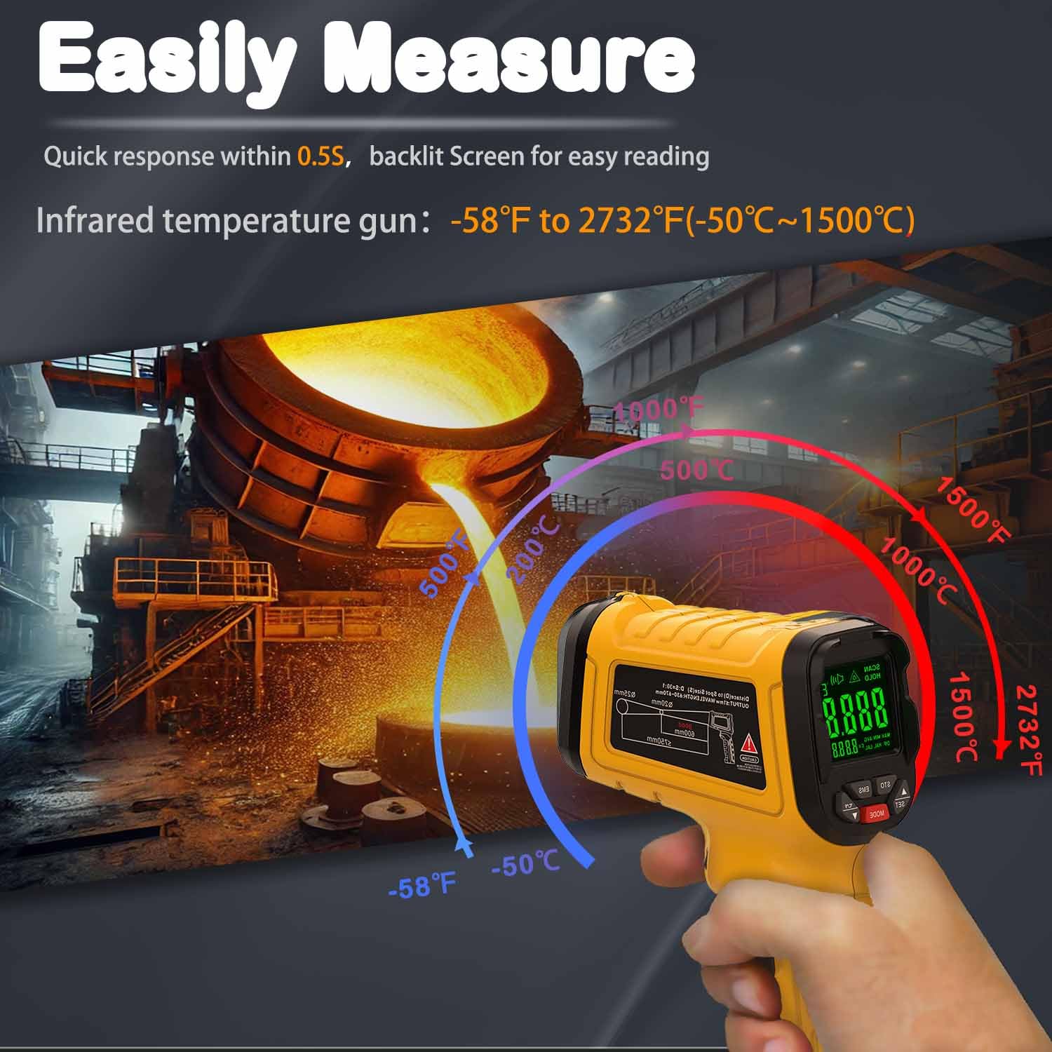 Non-Contact Infrared Thermometer Gun -58°F to 2552°F (-50°C to 1400°C) with 30:1 Distance Ratio, Digital Laser Temperature Gun for Cooking, Grilling, Pizza Oven, HVAC, Automotive, Industrial Use & Home Repair - Perfect for BBQ, Baking, Engine Diagnostics & Metalworking