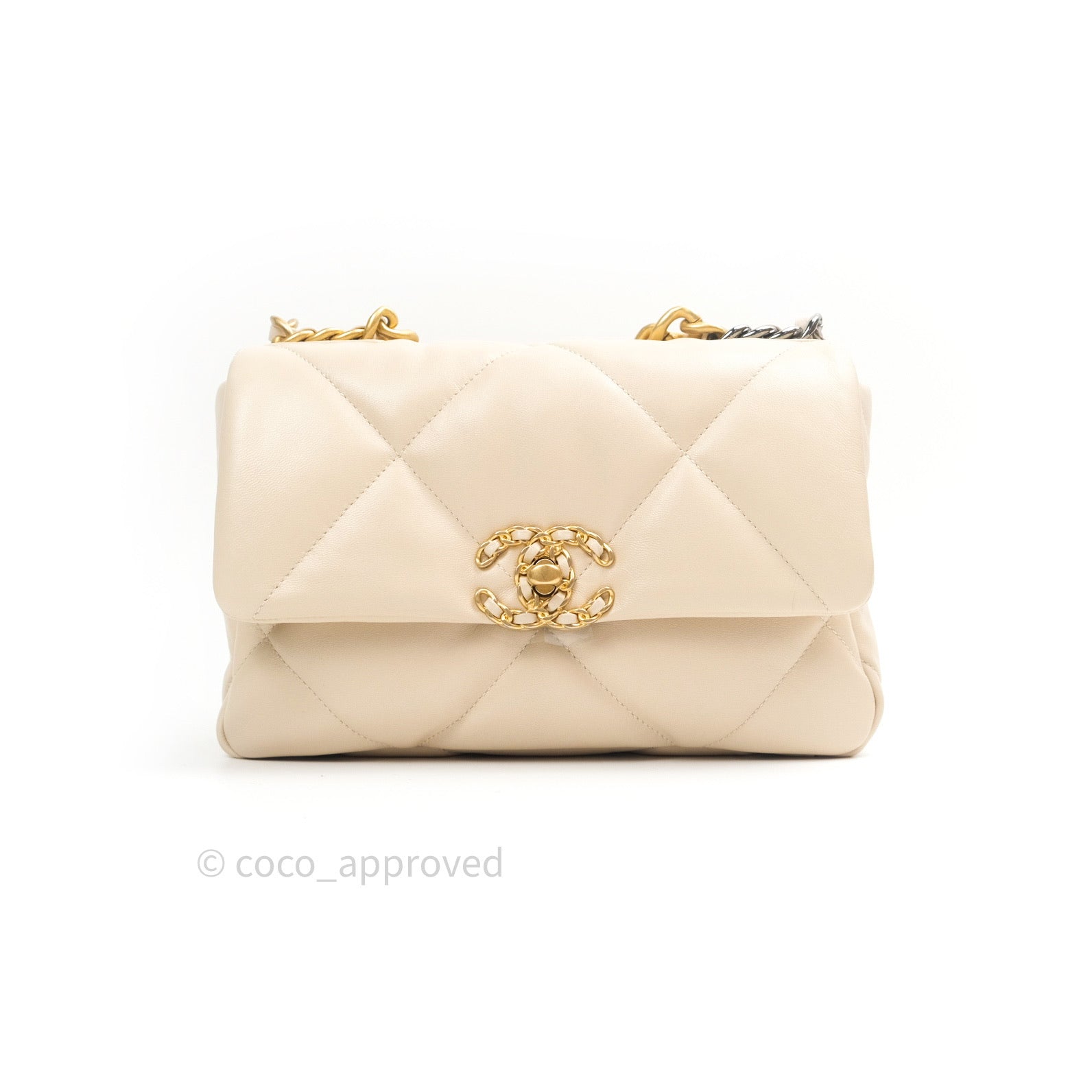 Chanel 19 Small Beige Goatskin Leather Shoulder Bag with Mixed Gold & Silver Hardware - Perfect for Everyday Luxury & Special Occasions