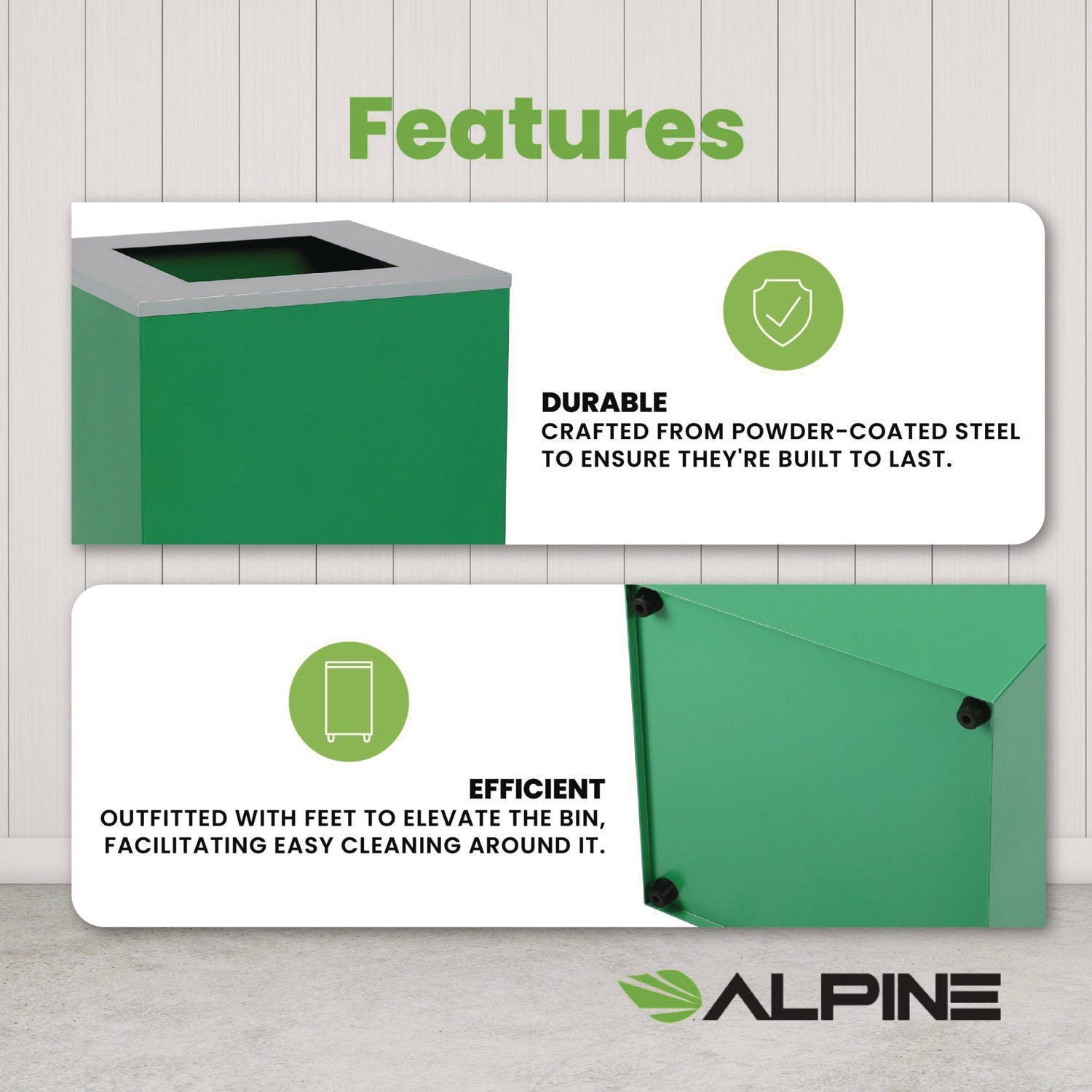 Alpine Industries 29 Gallon Steel Trash Can & Recycling Bin with Square Lid - Green Heavy Duty Waste Container for Kitchen, Office & Outdoor Use