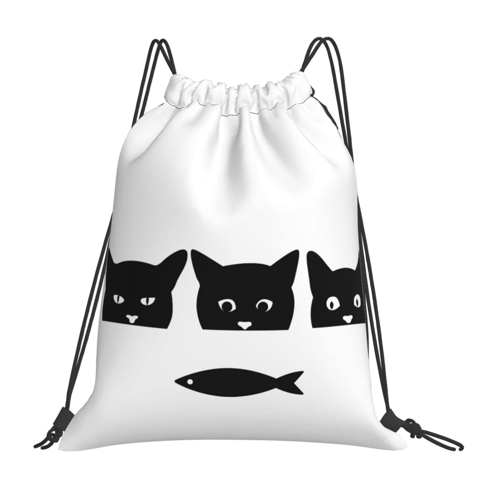Black Cat Fish Funny Kitten Drawstring Backpack - Lightweight Cinch Sackpack for Gym, Yoga, Travel & Swimming - Perfect for Men & Women
