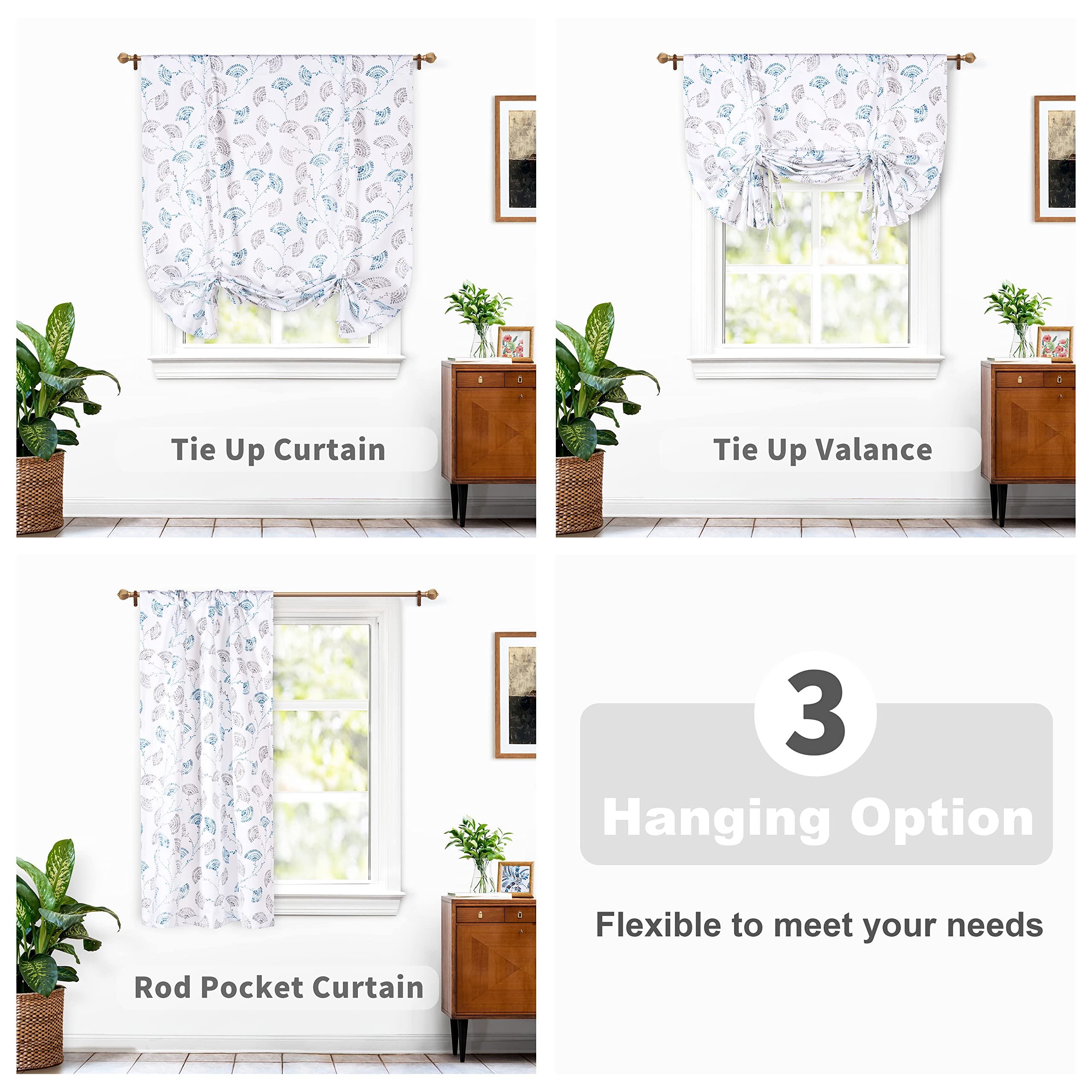 Floral Watercolor Printed Tie-Up Curtains for Windows - DriftAway Adjustable Balloon Shade with Rod Pocket, Kitchen & Small Window Room Darkening (45