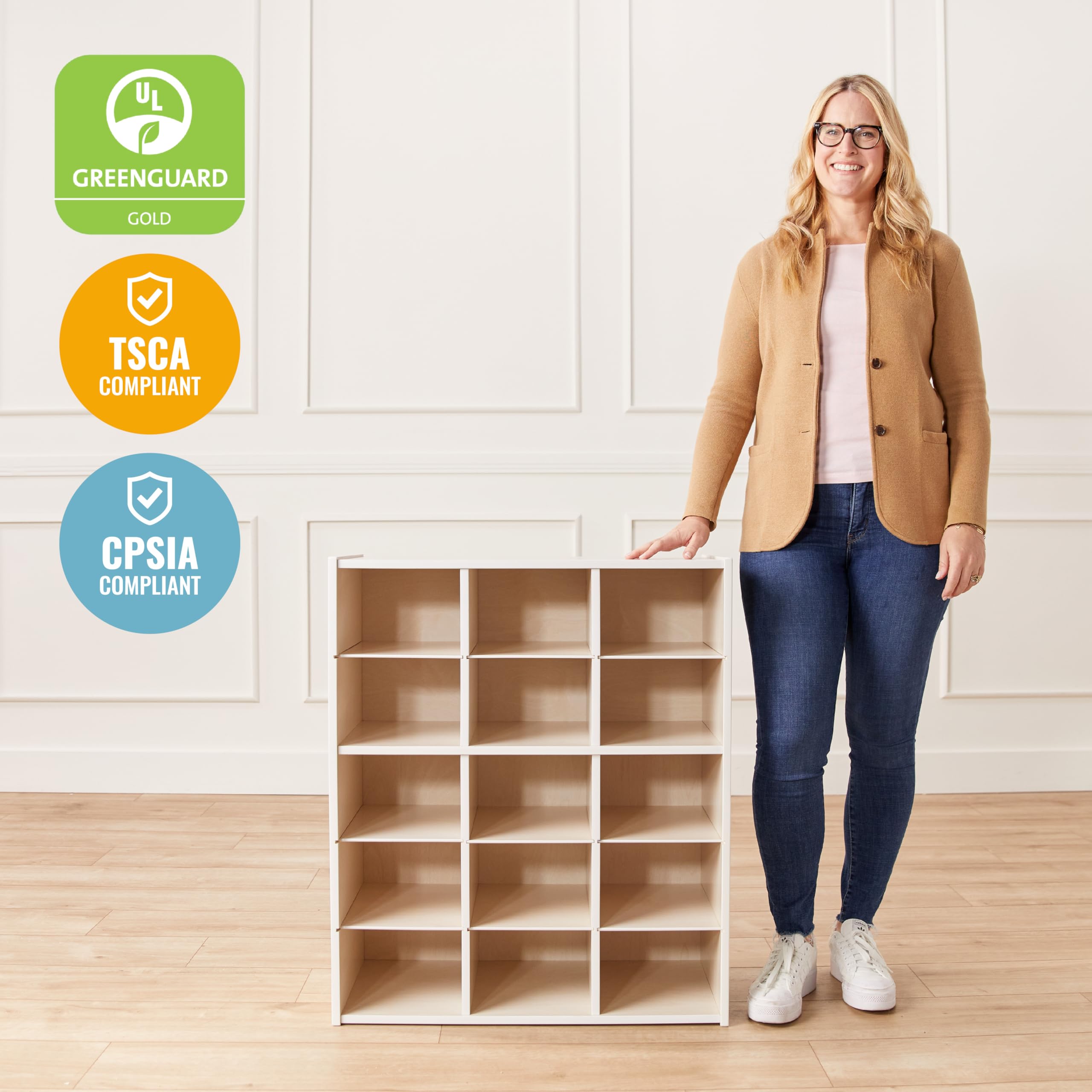 ECR4Kids 15-Cubby Storage Cabinet with Trays, 5x3 Organizer for Classroom & Home, White Wash - Perfect for School Supplies, Toys & Kids' Room Organization