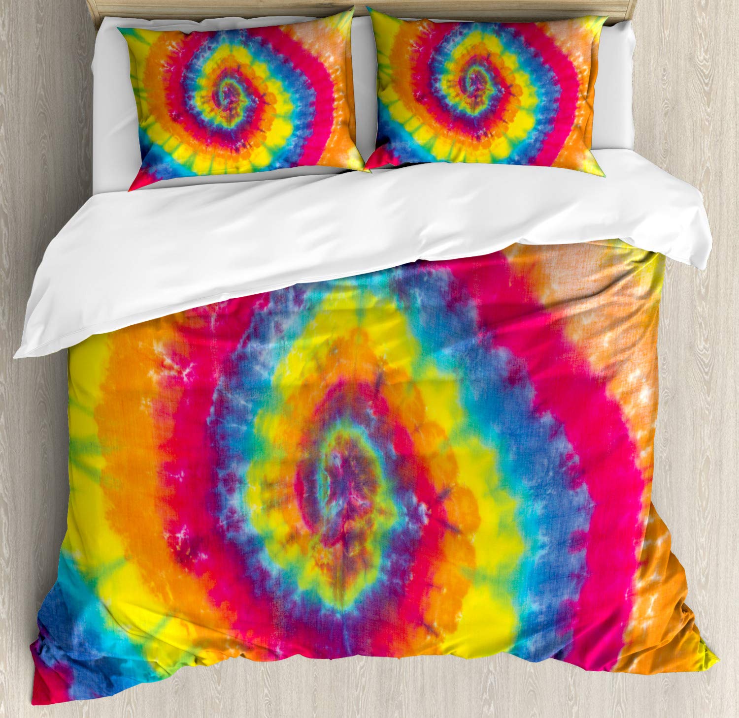 Ambesonne Tie Dye Duvet Cover Set King Size - Colorful Abstract Batik Spiral Shibori Pattern - 3 Piece Hippie Style Bedding with 2 Pillow Shams - Perfect for Boho Chic Bedrooms, Dorm Rooms & Festival Camping
