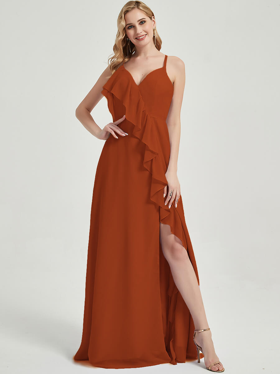 Elegant Burnt Orange Criss Cross Straps Ruffles Slit Chiffon Bridesmaid Dress for Weddings & Formal Events - Perfect for Bridal Party, Evening Galas & Special Occasions