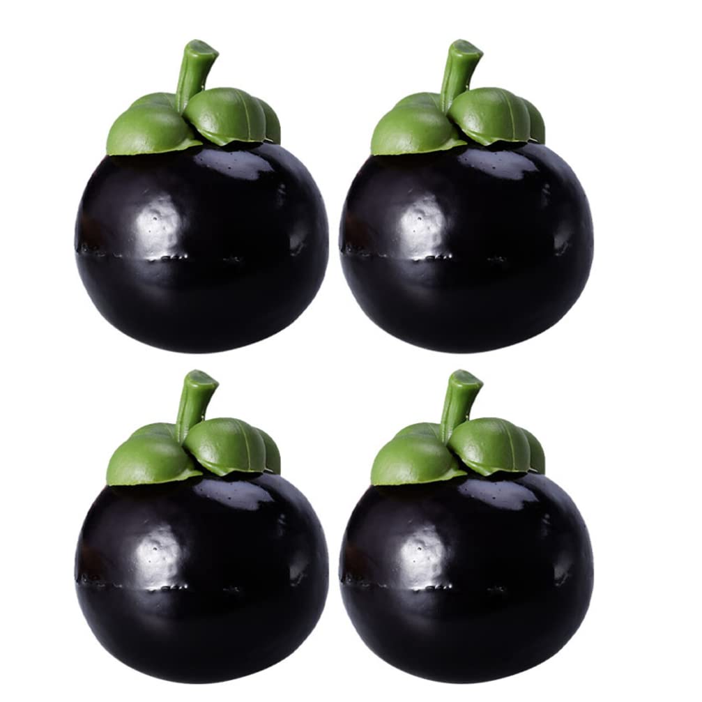 4 Pcs Artificial Mangosteen Fake Fruit - Realistic Plastic Simulation Fruit for Home Decor, Kitchen Display, Party & Photoshoot Props - Black Decorative Fruits for Table Centerpiece, Food Photography, and DIY Crafts