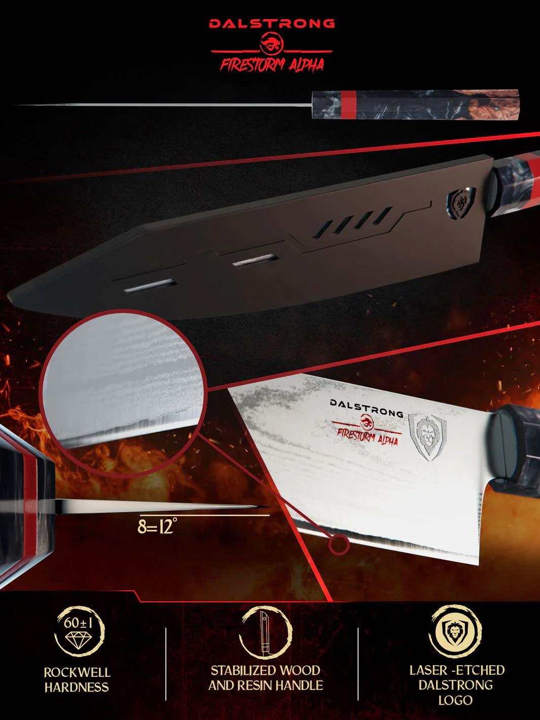 Premium Dalstrong Firestorm Alpha Series 8-Inch Chef's Knife - High Carbon German Steel, Ergonomic Handle - Perfect for Slicing, Dicing & Chopping Vegetables, Meat & Fish in Professional Kitchens & Home Cooking