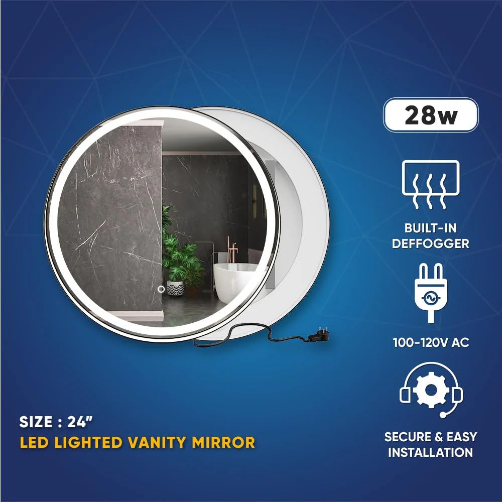 24 Inch Round LED Bathroom Vanity Mirror with Adjustable CCT (3000K/4000K/6000K) - Black Frame, 1440 Lumens, Touch Switch & Defogger - Perfect for Makeup, Shaving & Home Decor - High CRI 90+ Lighting