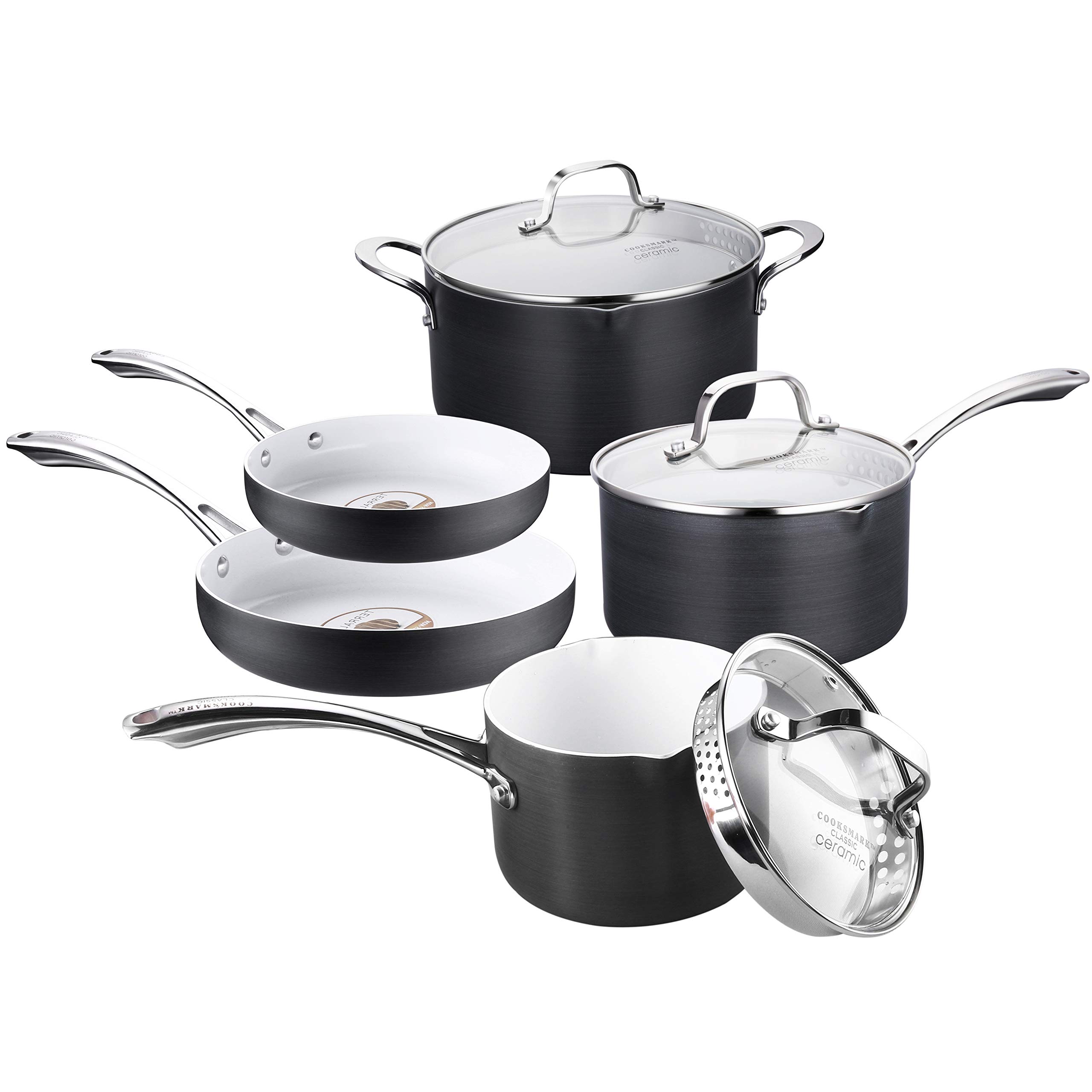 **Americook 8-Piece Black Hard Anodized Nonstick Cookware Set – White Ceramic Coated Pots & Pans with Glass Lids, Pour Spouts & Cool-Touch Handles – Perfect for Frying, Boiling & Everyday Cooking**