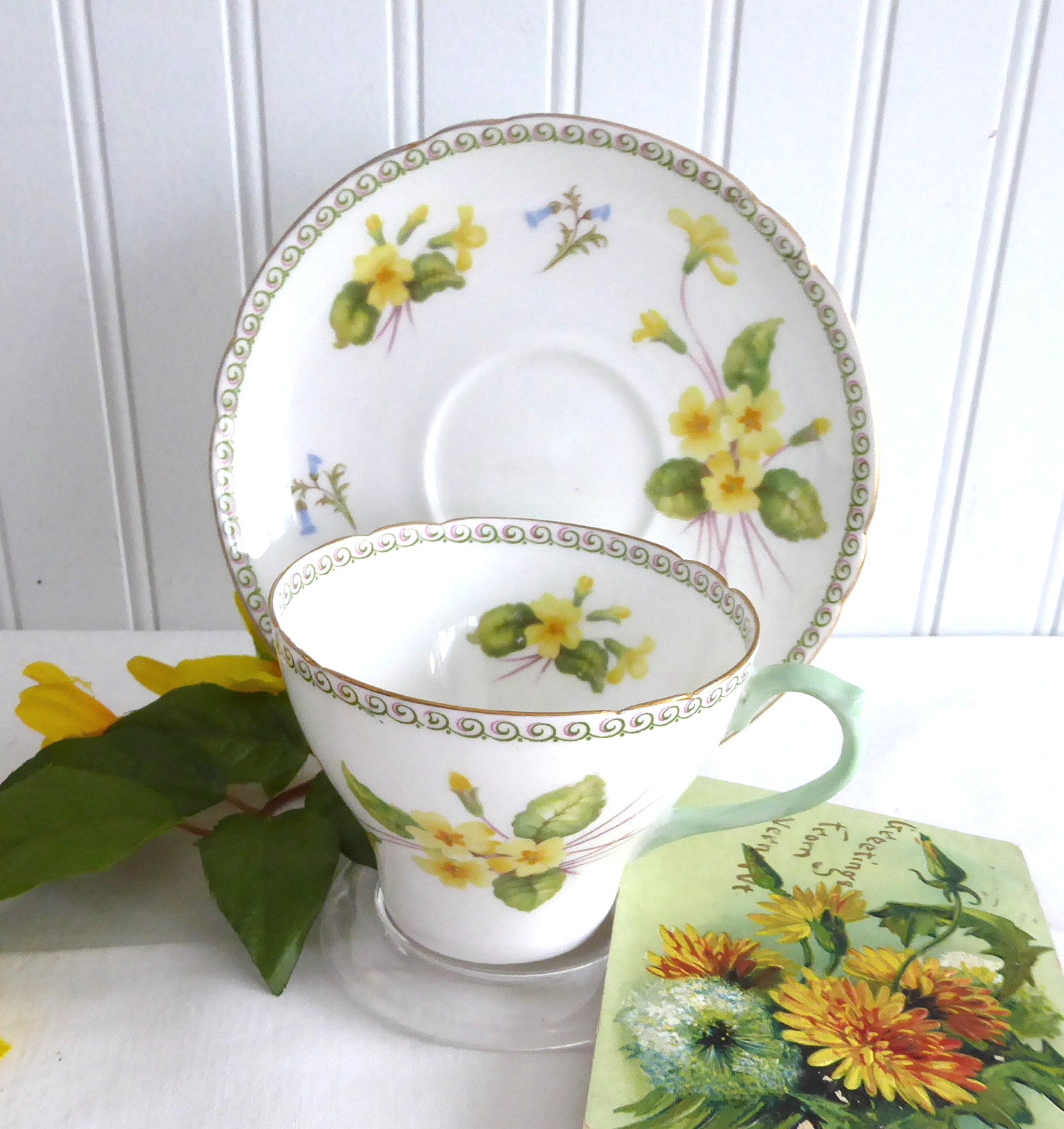 Vintage Shelley Primrose Cambridge Cup and Saucer Set with Green Handle & Gold Trim - 1950s English Fine China for Afternoon Tea & Collectible Display