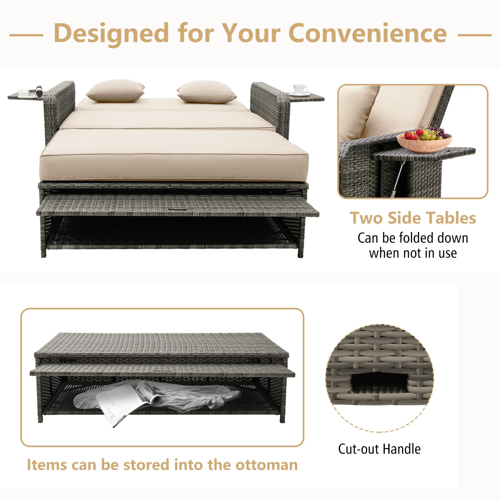 Tangkula Patio Rattan Daybed Set with Adjustable Backrest - Wicker Loveseat Sofa, Ottoman & Retractable Side Tray - Outdoor Furniture with Storage Footstool & Cushions - Perfect for Poolside, Garden or Patio Relaxation